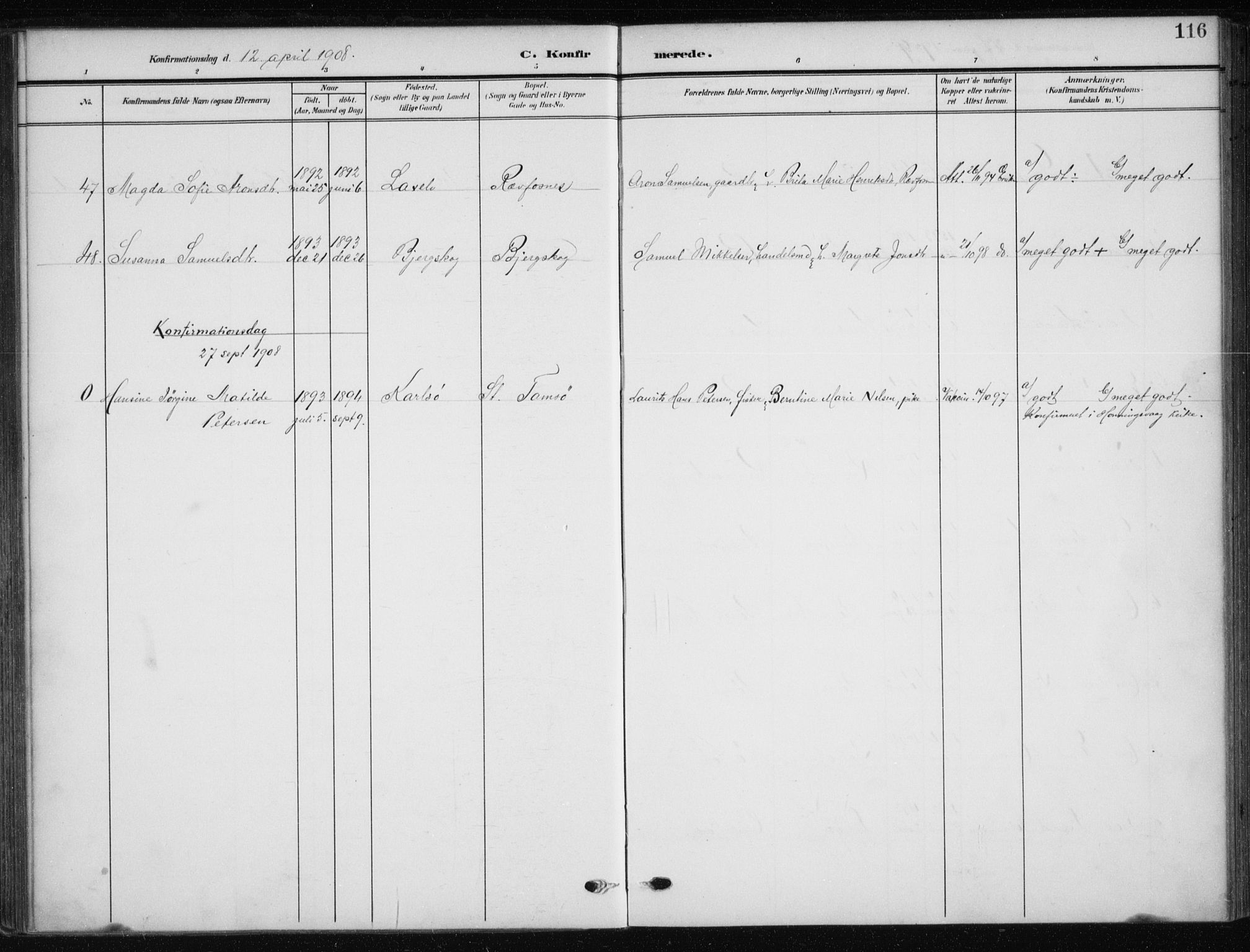 Kistrand/Porsanger sokneprestembete, AV/SATØ-S-1351/H/Ha/L0014.kirke: Parish register (official) no. 14, 1908-1917, p. 116