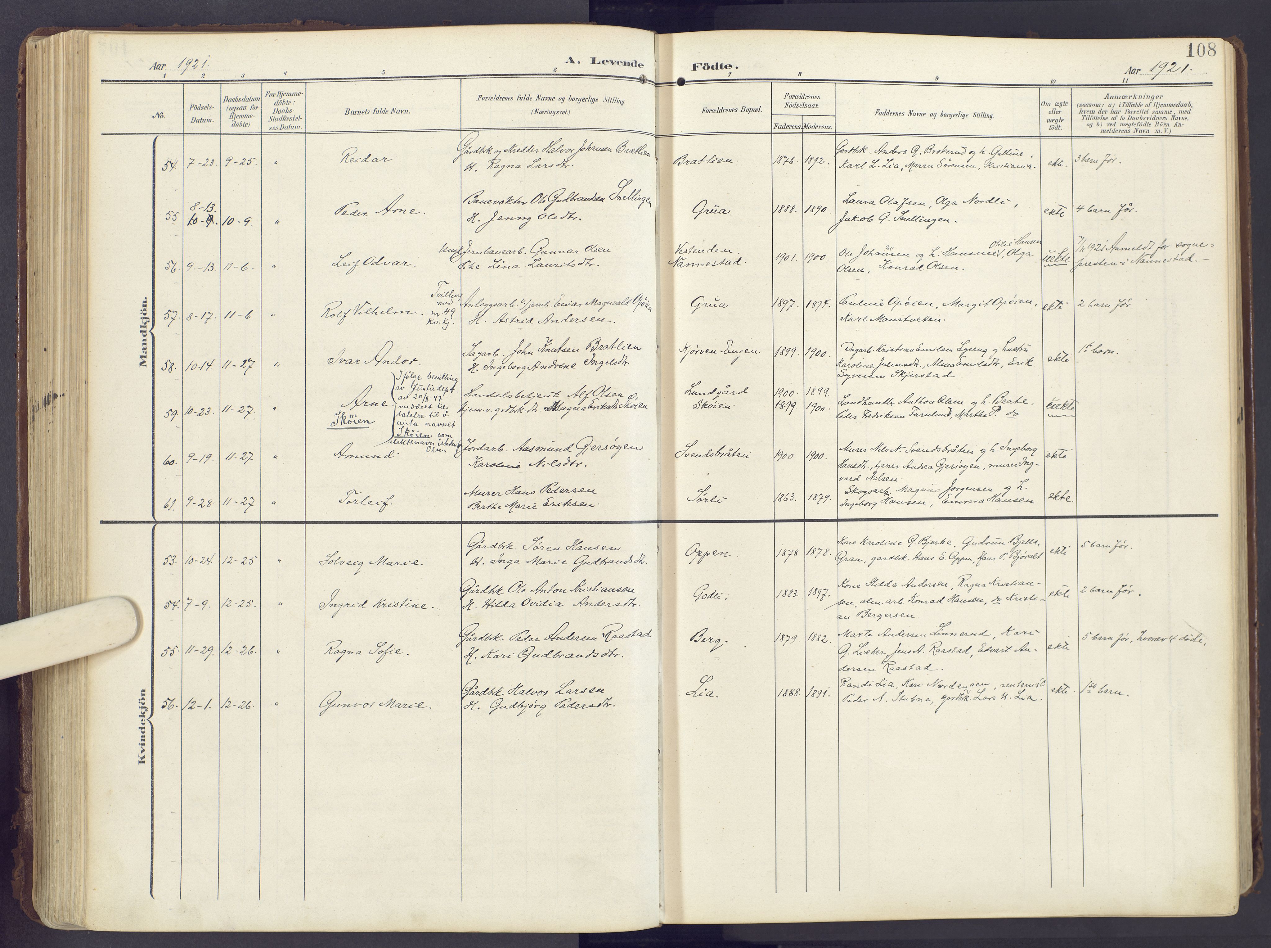 Lunner prestekontor, AV/SAH-PREST-118/H/Ha/Haa/L0001: Parish register (official) no. 1, 1907-1922, p. 108