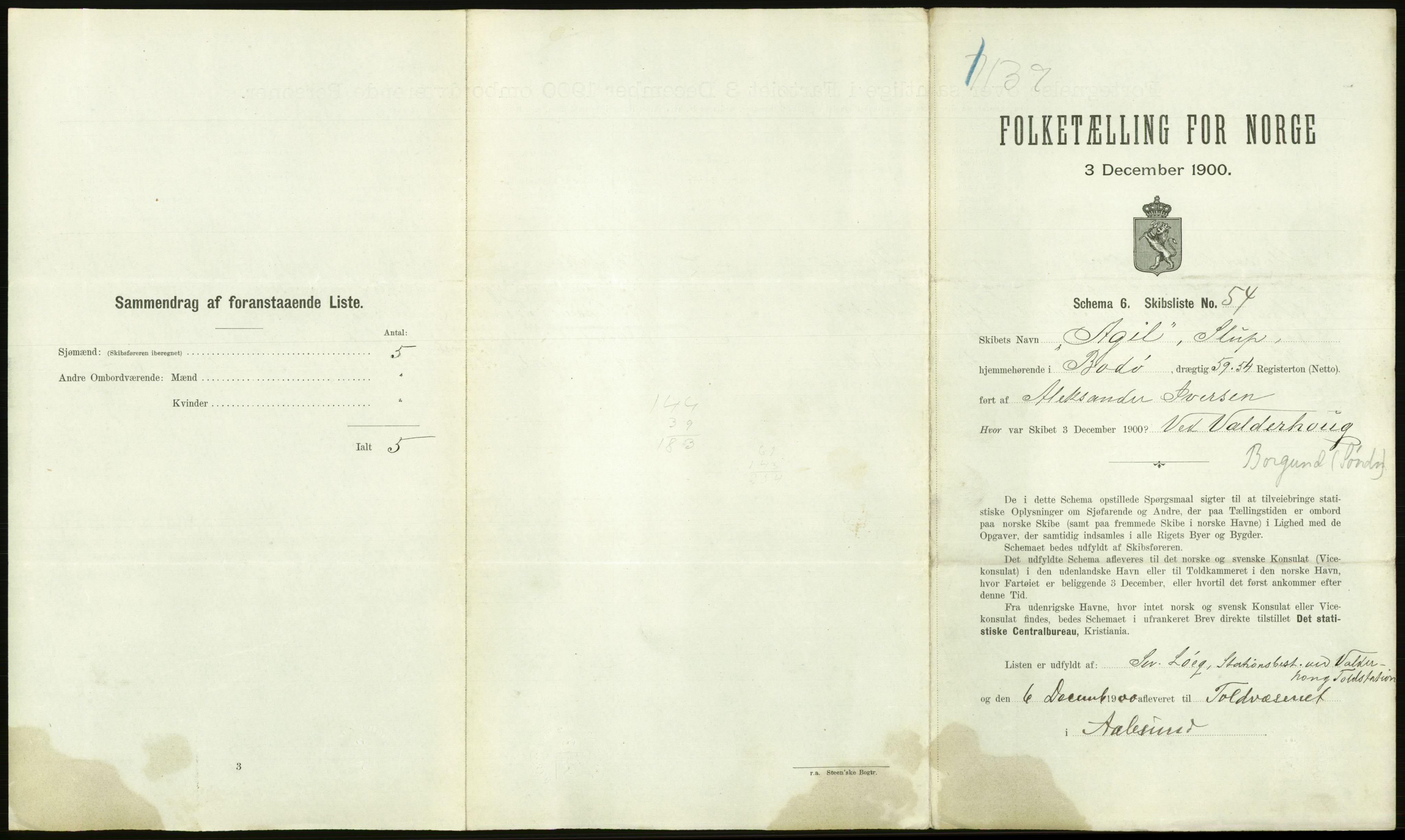 RA, 1900 Census - ship lists from ships in Norwegian harbours, harbours abroad and at sea, 1900, p. 1605