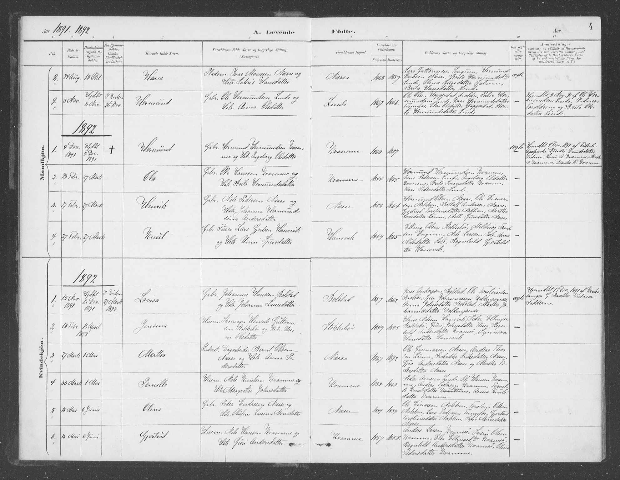 Balestrand sokneprestembete, SAB/A-79601: Parish register (official) no. D  2, 1891-1907, p. 4
