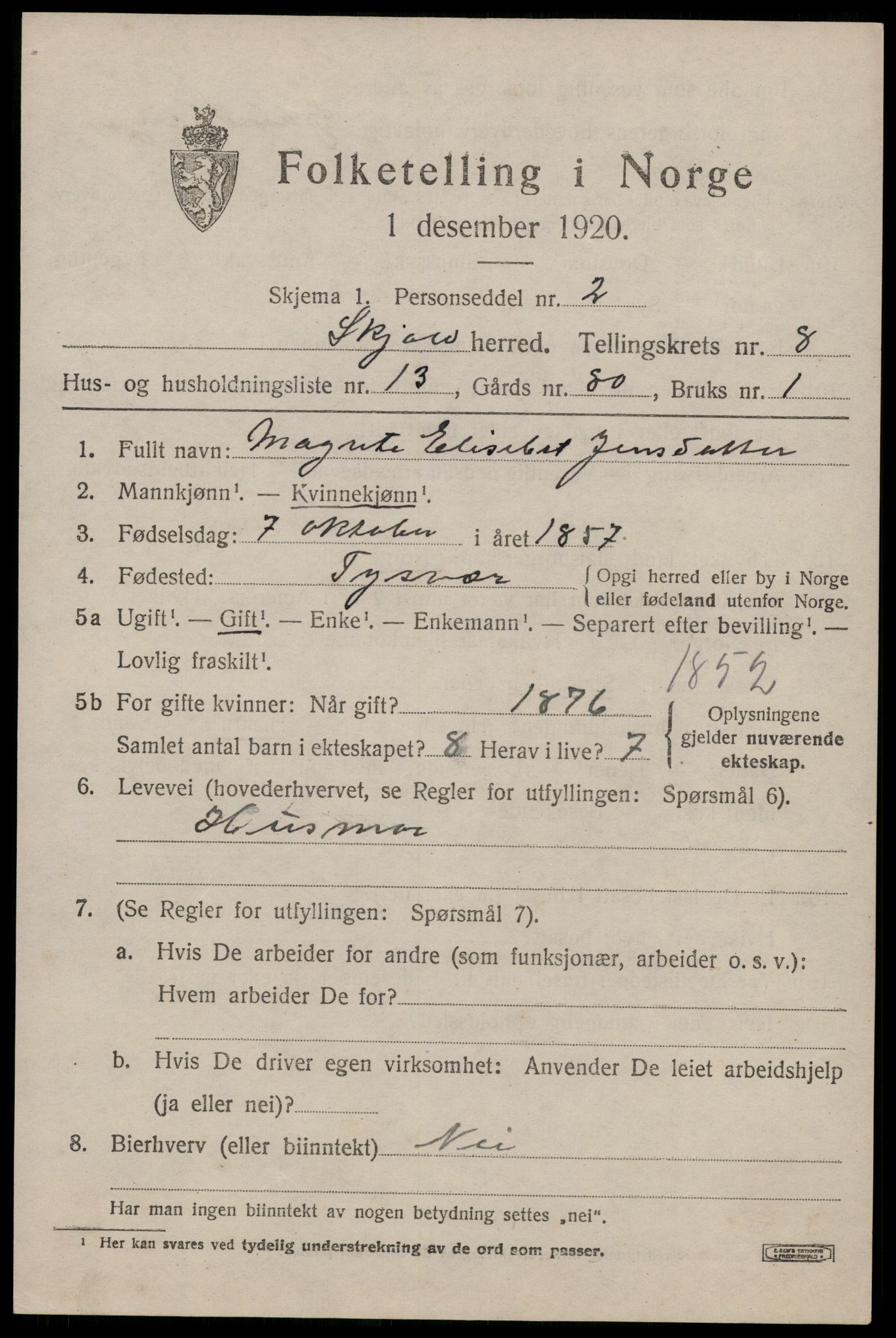 SAST, 1920 census for Skjold, 1920, p. 4314