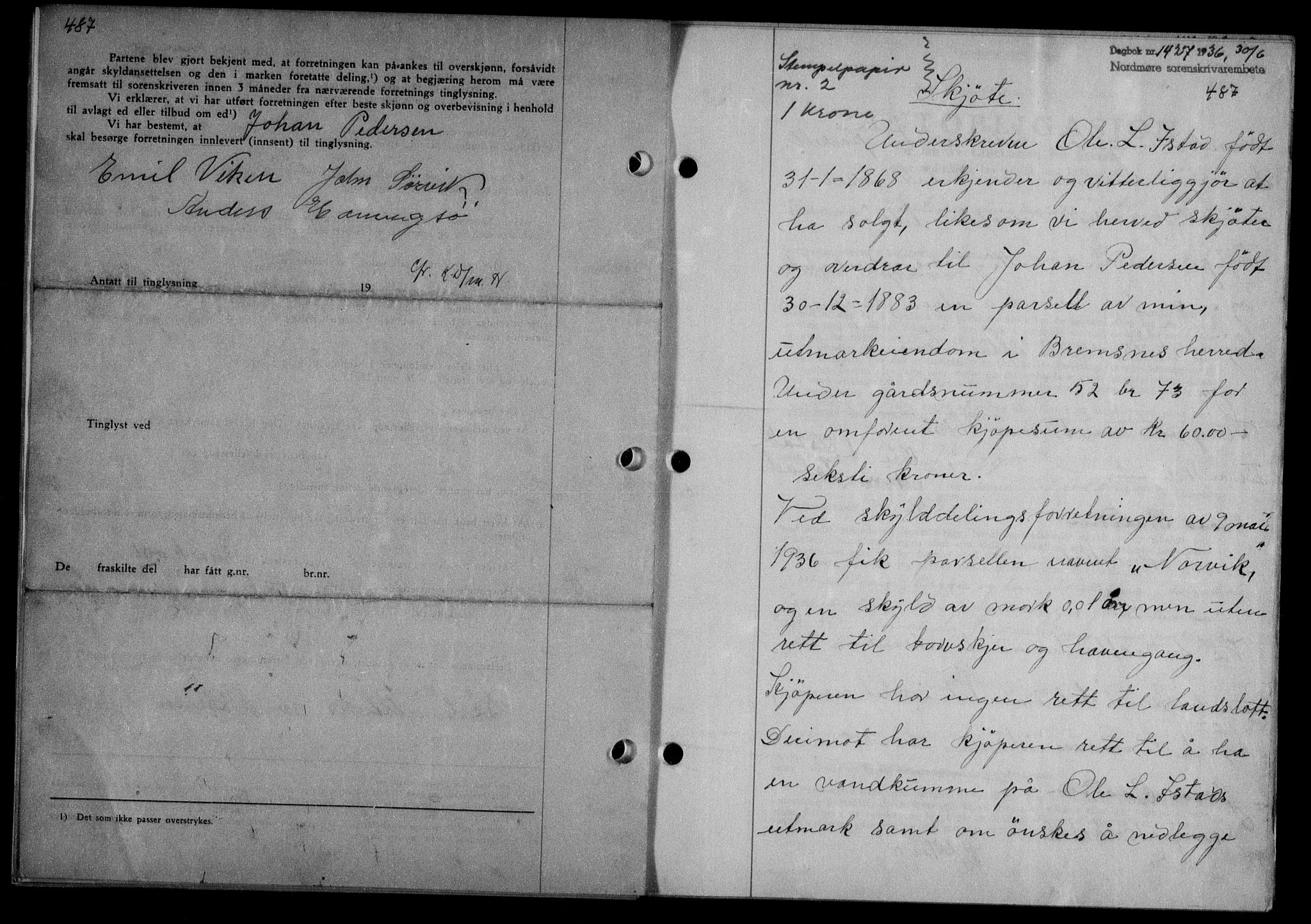 Nordmøre sorenskriveri, AV/SAT-A-4132/1/2/2Ca/L0088: Mortgage book no. 78, 1936-1936, Diary no: : 1427/1936