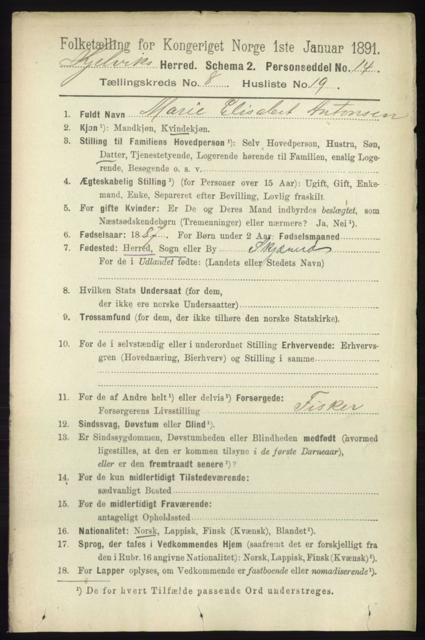 RA, 1891 census for 2019 Kjelvik, 1891, p. 1377