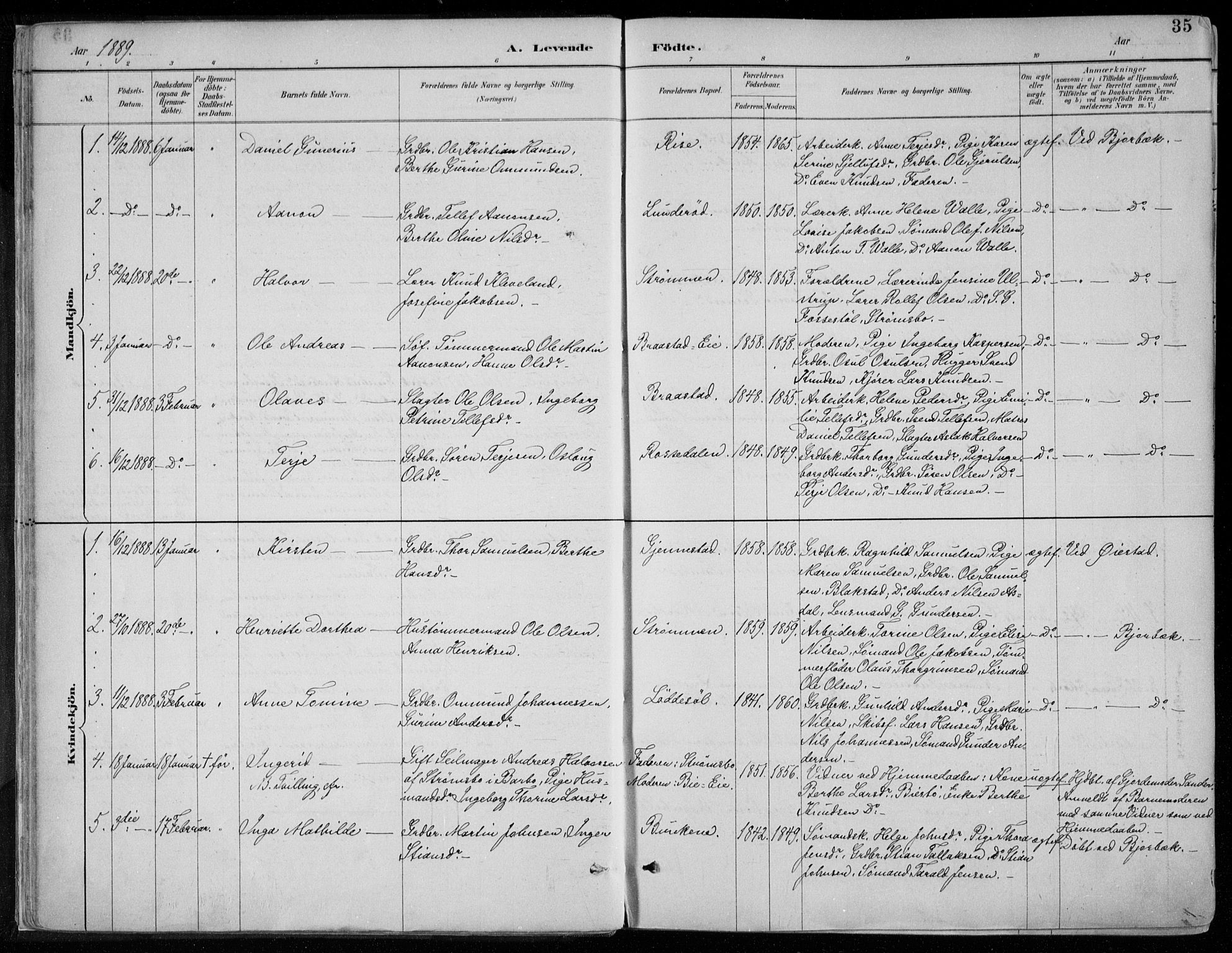 Øyestad sokneprestkontor, SAK/1111-0049/F/Fa/L0017: Parish register (official) no. A 17, 1887-1896, p. 35