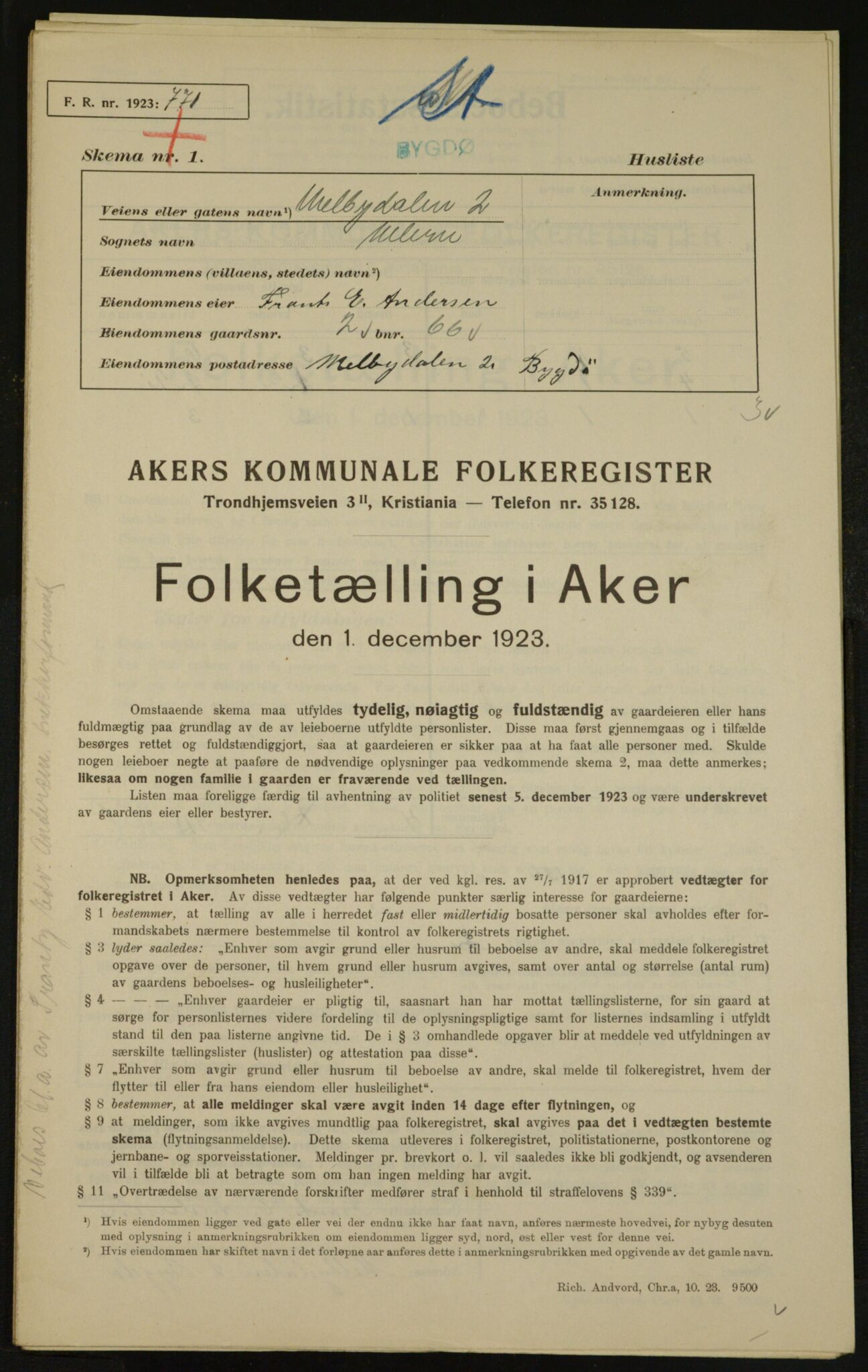 , Municipal Census 1923 for Aker, 1923, p. 4739