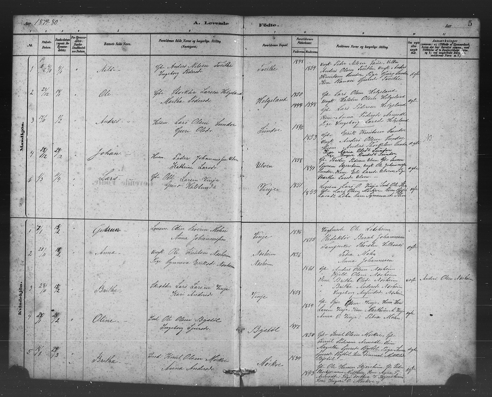 Vossestrand Sokneprestembete, AV/SAB-A-79101/H/Hab: Parish register (copy) no. B 3, 1880-1907, p. 5