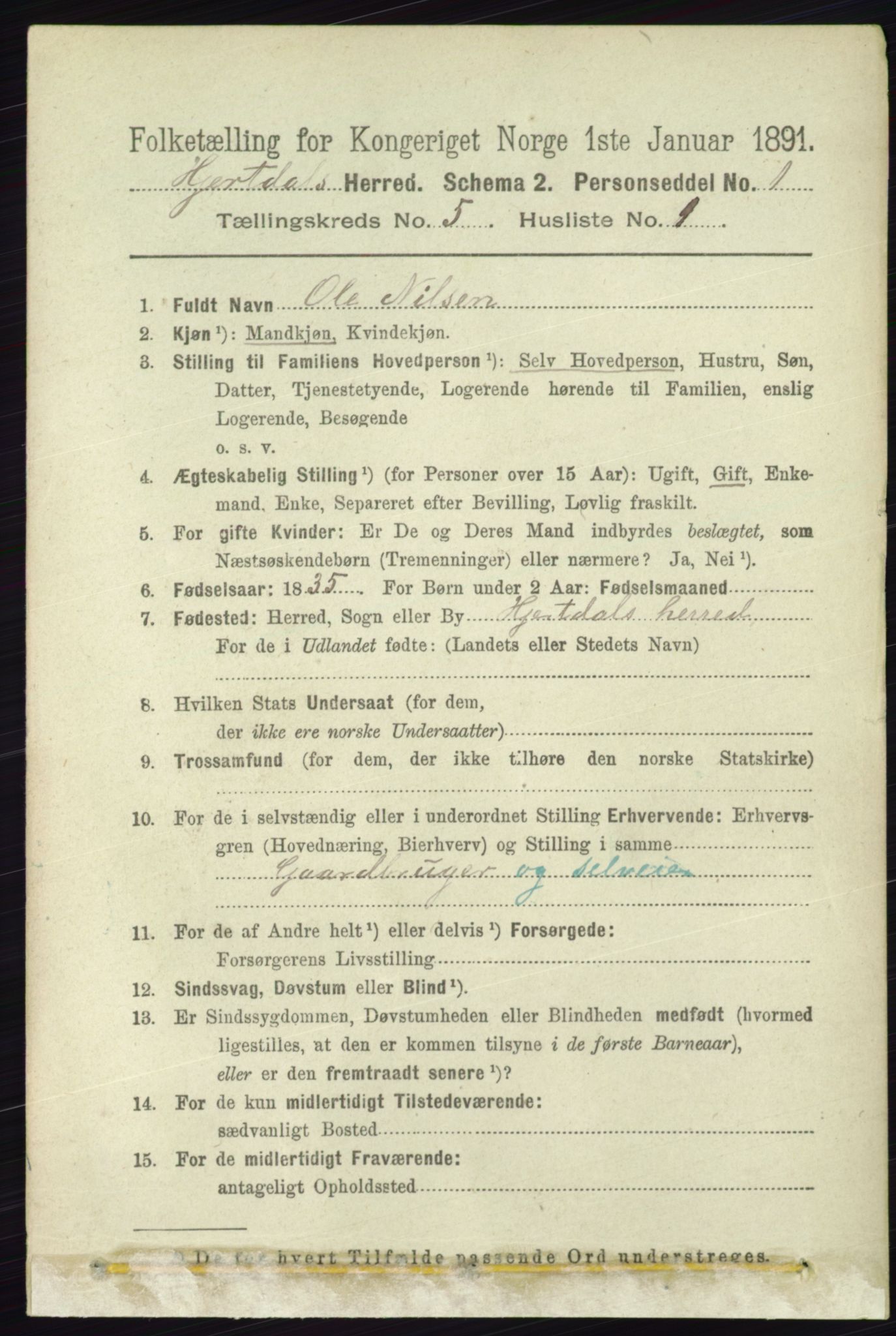 RA, 1891 census for 0827 Hjartdal, 1891, p. 1810