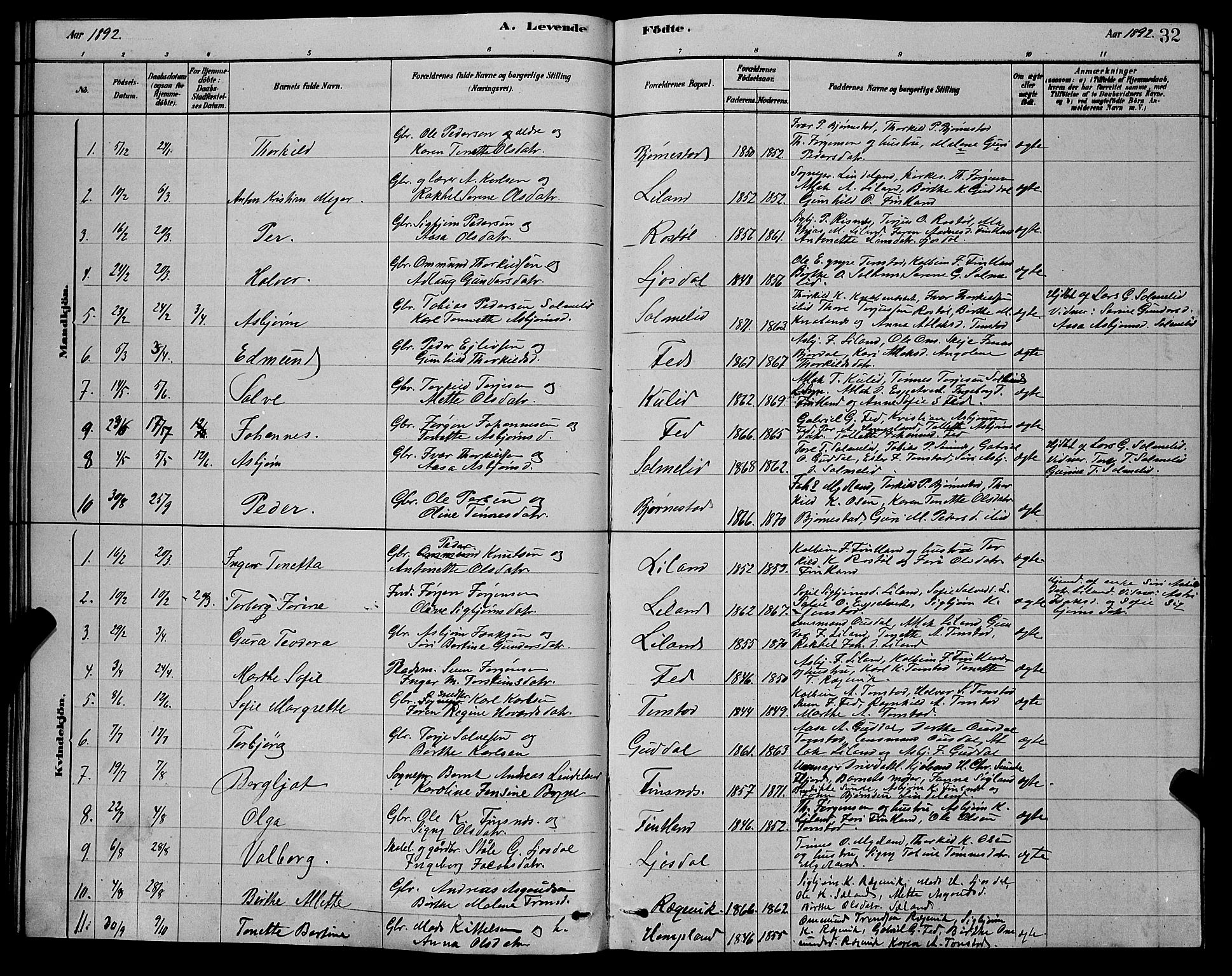 Sirdal sokneprestkontor, AV/SAK-1111-0036/F/Fb/Fbb/L0003: Parish register (copy) no. B 3, 1878-1894, p. 32