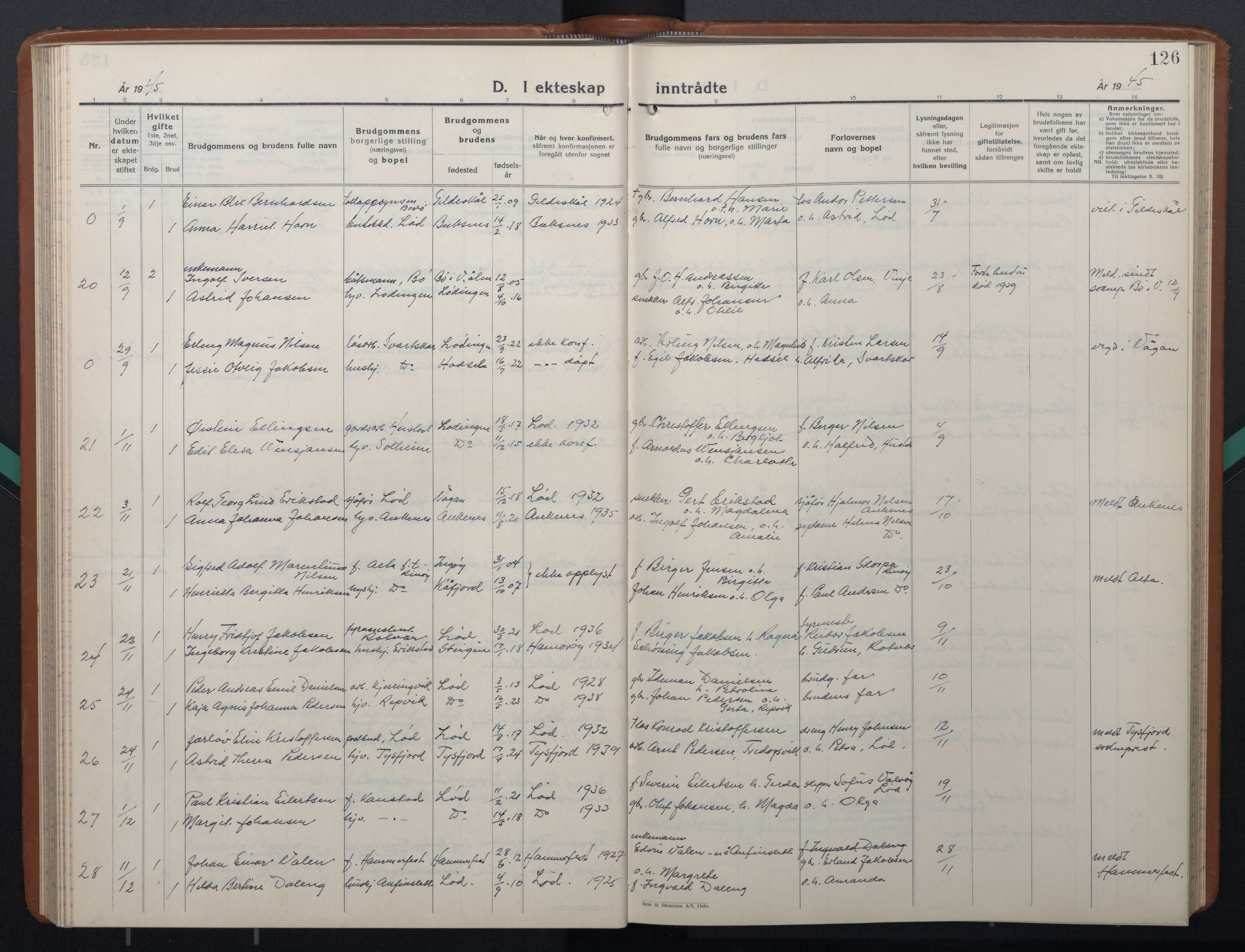 Ministerialprotokoller, klokkerbøker og fødselsregistre - Nordland, AV/SAT-A-1459/872/L1051: Parish register (copy) no. 872C07, 1939-1947, p. 126