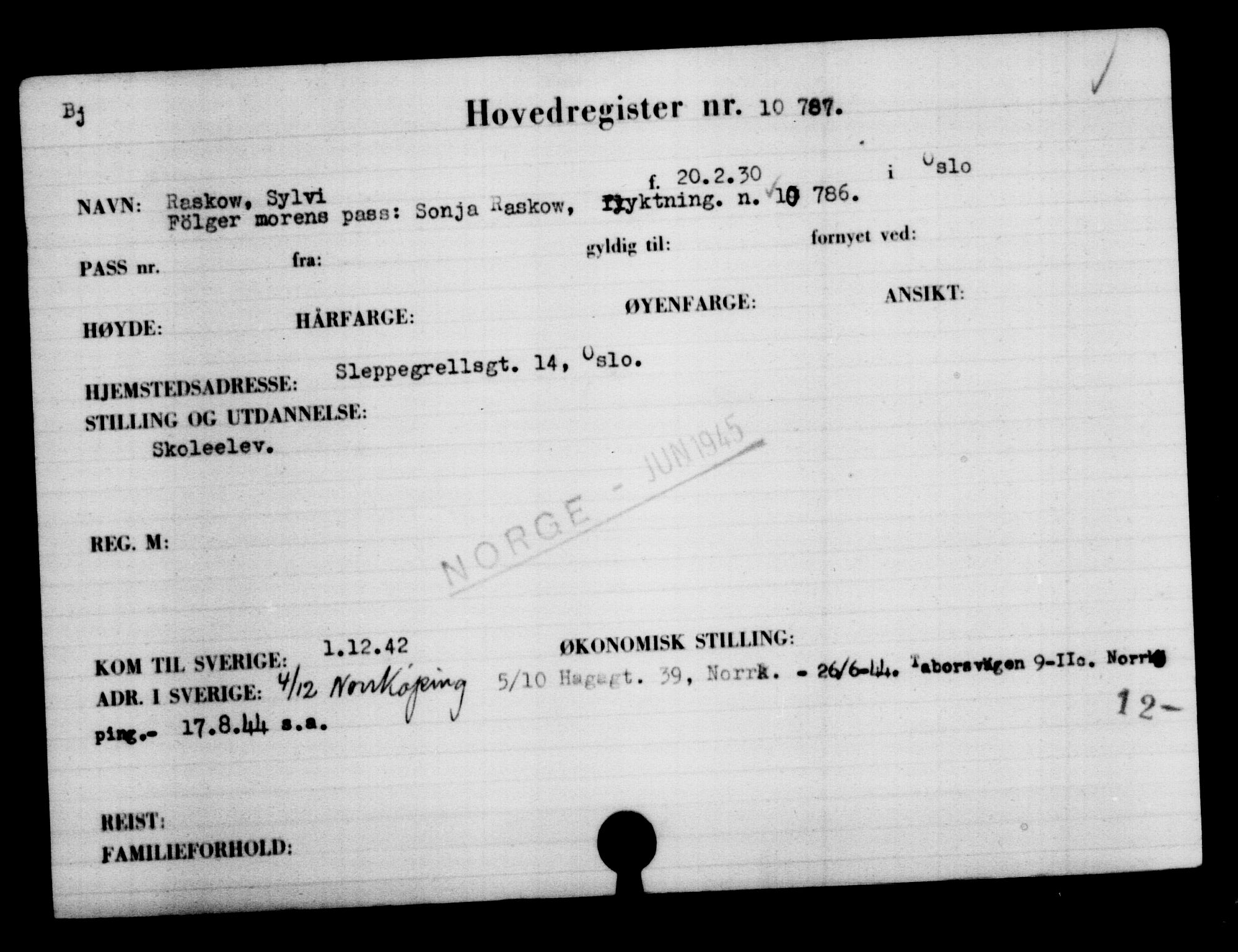Utenriksstasjonene, Legasjonen i Stockholm, Flyktningkontoret, AV/RA-S-6753/V/Va/L0006: Kjesäterkartoteket, flyktninger med registreringsnr. 9400-12711, 1940-1945, p. 1595