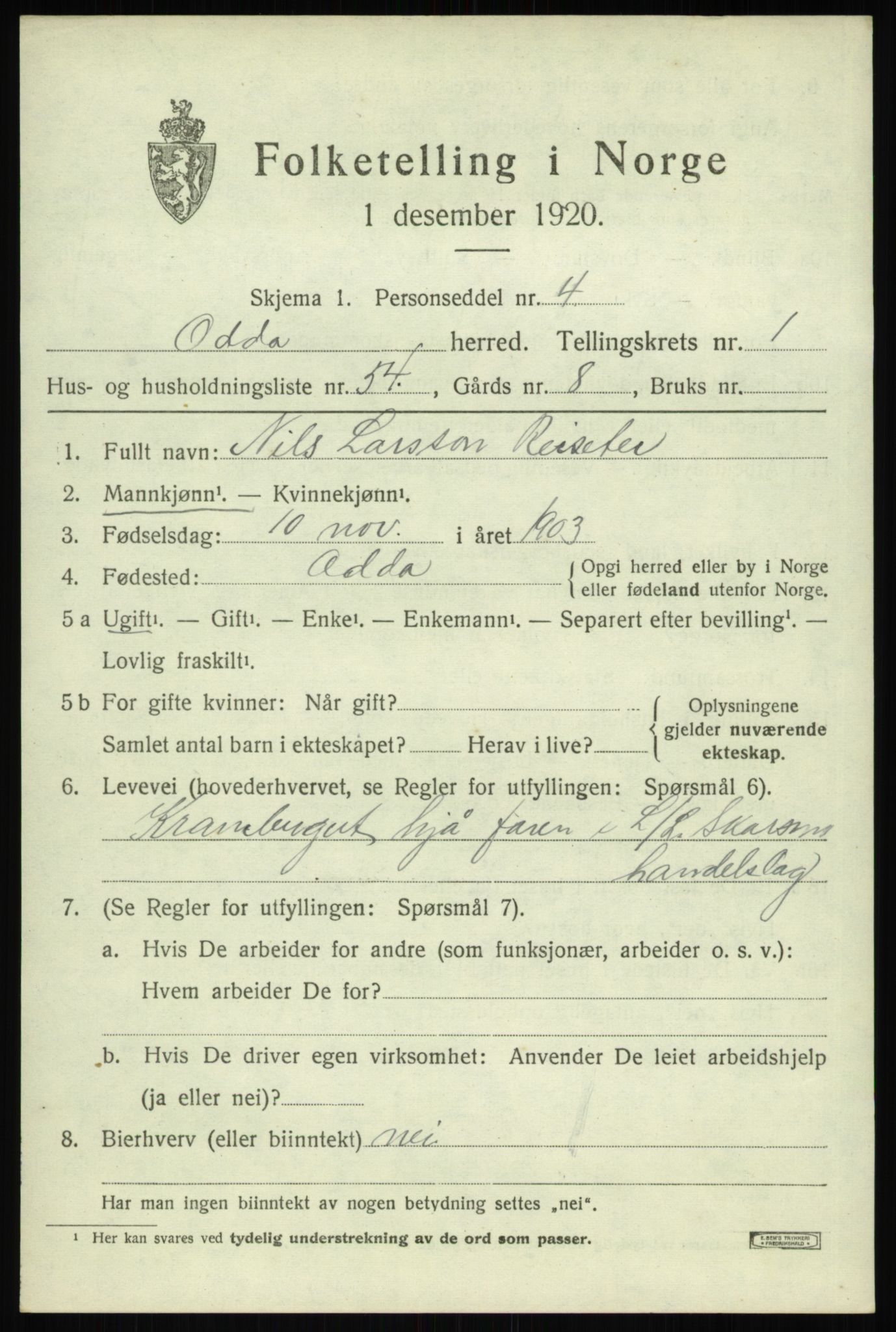 SAB, 1920 census for Odda, 1920, p. 1765