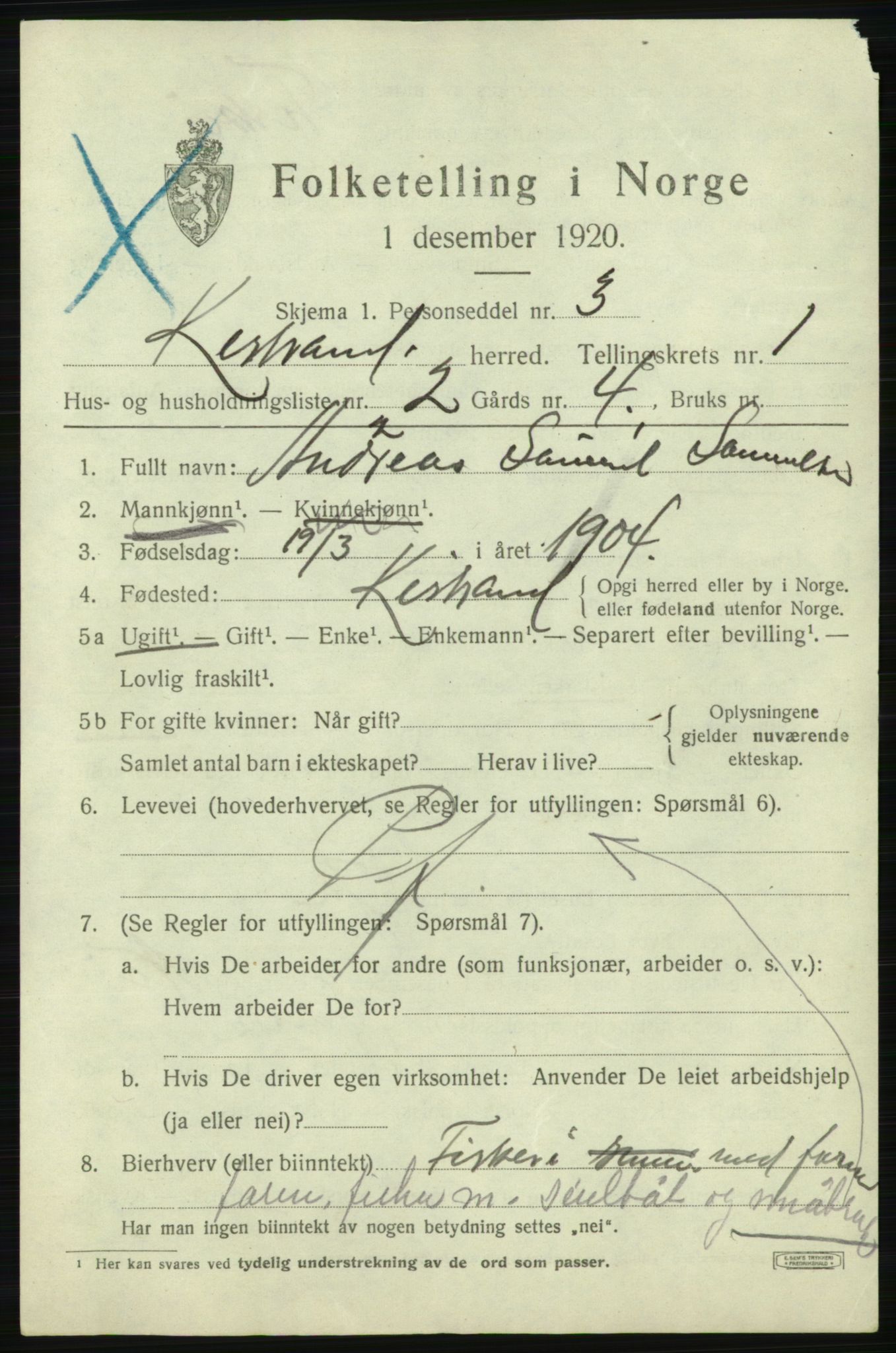 SATØ, 1920 census for Kistrand, 1920, p. 854