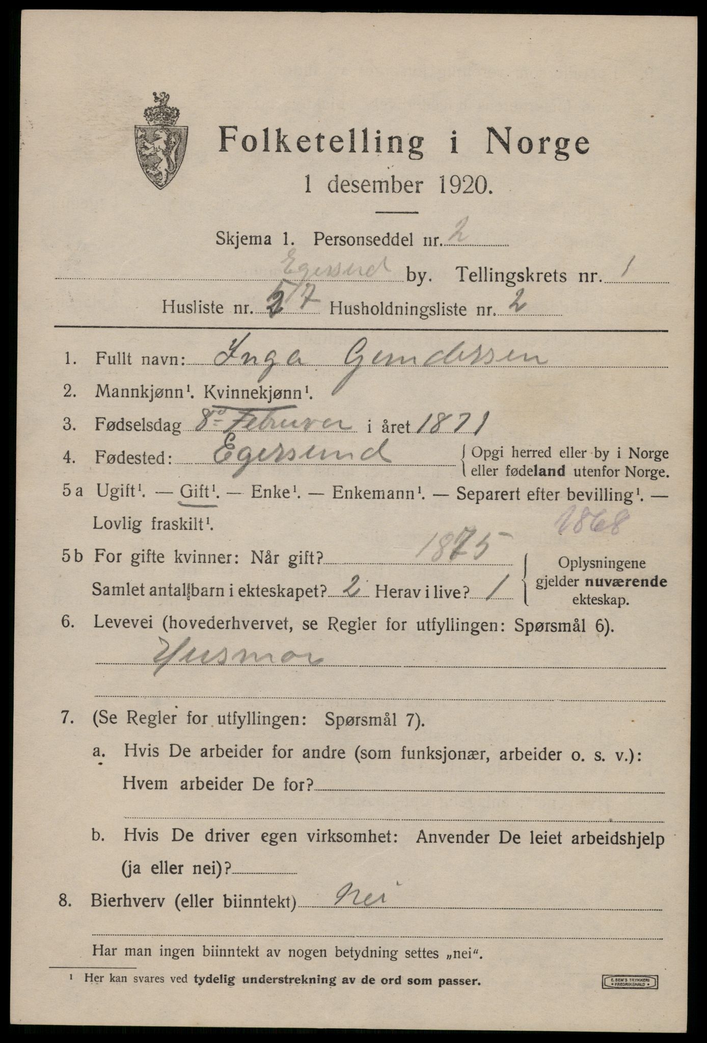 SAST, 1920 census for Egersund town, 1920, p. 3466