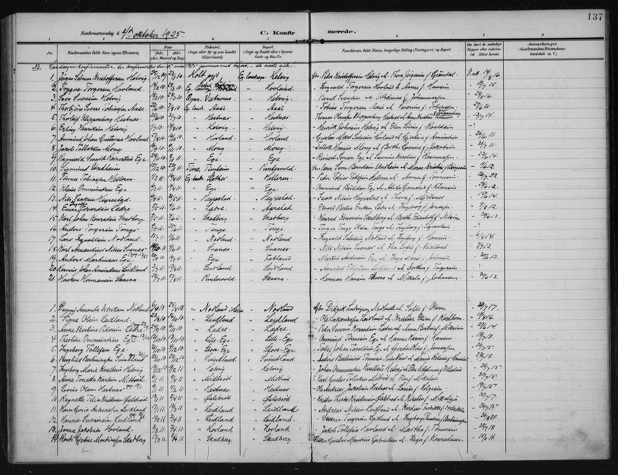 Eigersund sokneprestkontor, AV/SAST-A-101807/S08/L0021: Parish register (official) no. A 20, 1906-1928, p. 137