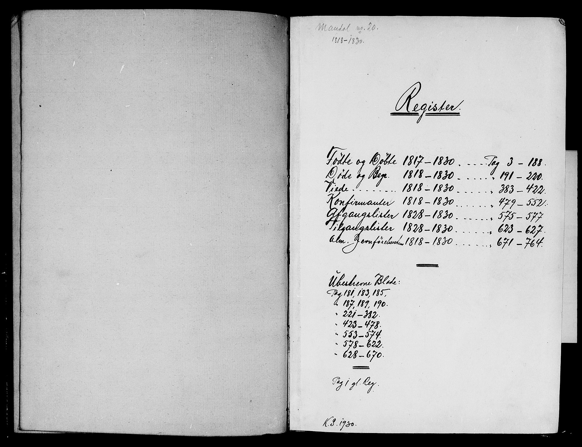 Mandal sokneprestkontor, SAK/1111-0030/F/Fa/Faa/L0010: Parish register (official) no. A 10, 1817-1830