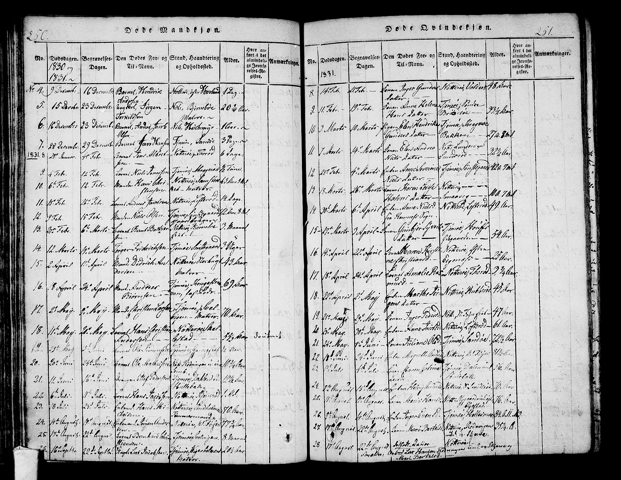 Nøtterøy kirkebøker, AV/SAKO-A-354/F/Fa/L0004: Parish register (official) no. I 4, 1814-1838, p. 250-251