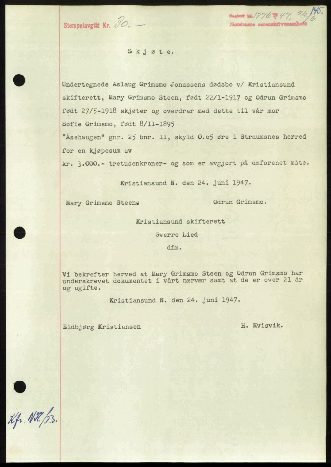 Nordmøre sorenskriveri, AV/SAT-A-4132/1/2/2Ca: Mortgage book no. A105, 1947-1947, Diary no: : 1376/1947