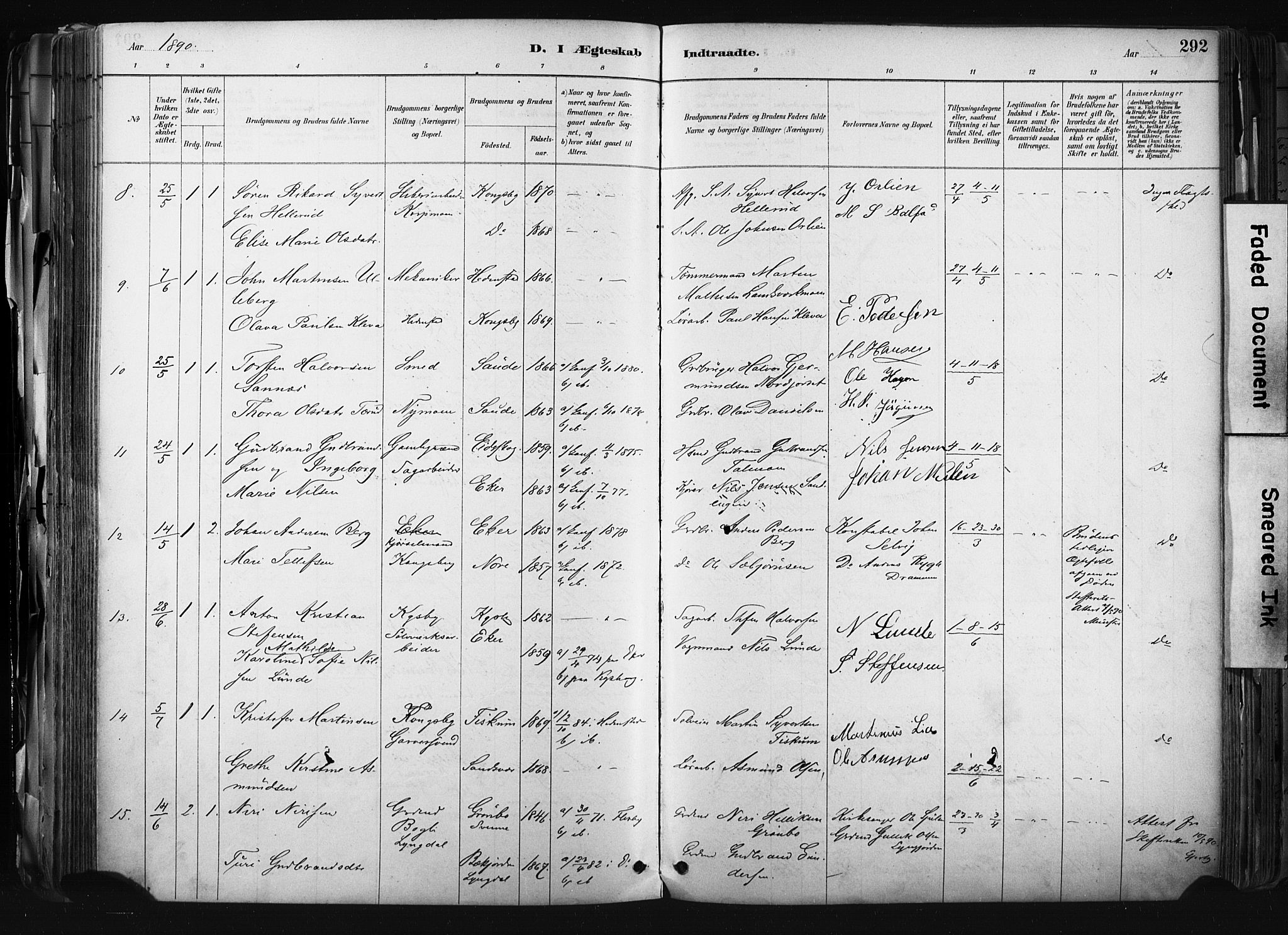 Kongsberg kirkebøker, SAKO/A-22/F/Fb/L0002: Parish register (official) no. II 2, 1886-1896, p. 292