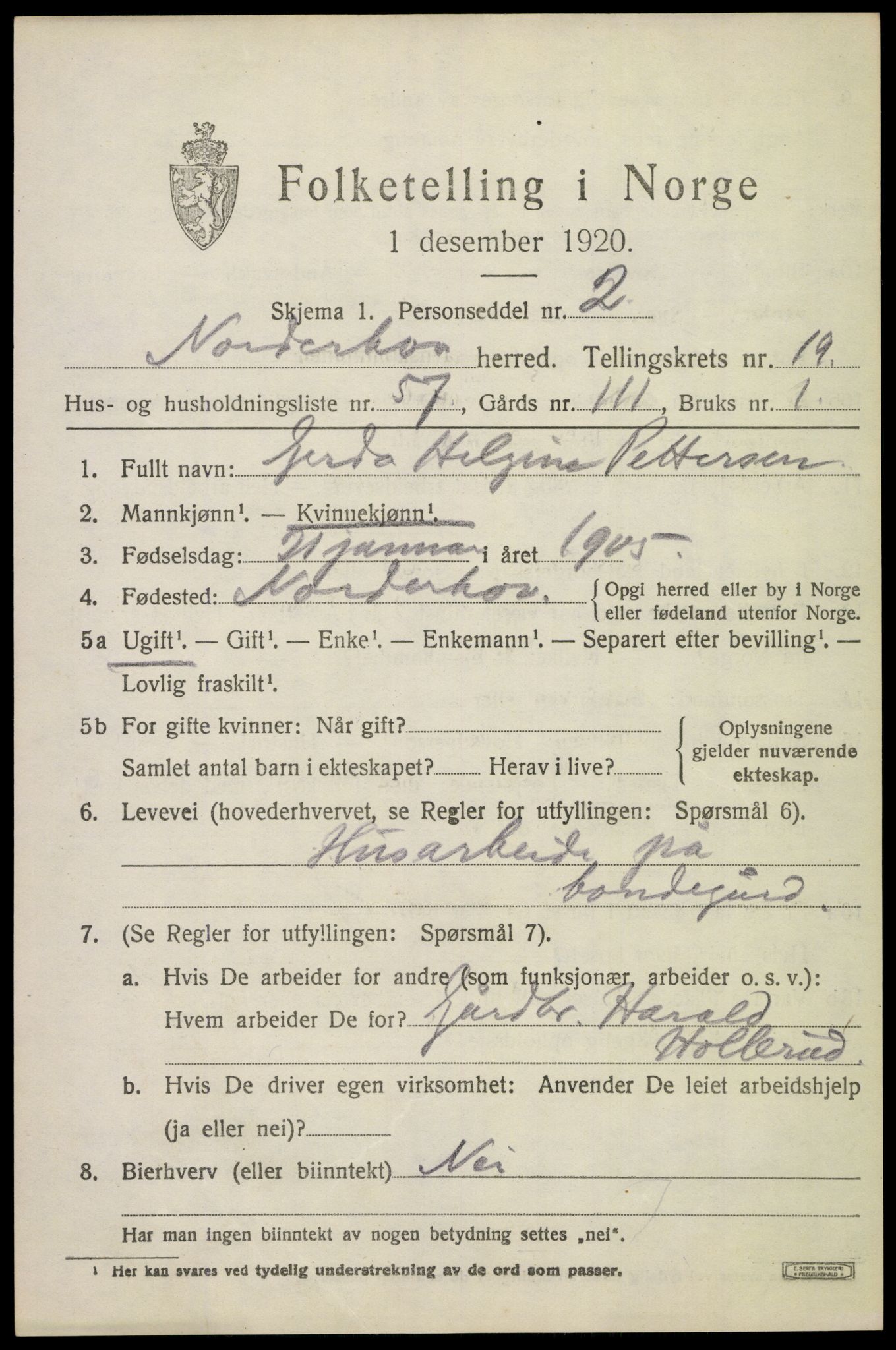 SAKO, 1920 census for Norderhov, 1920, p. 20968