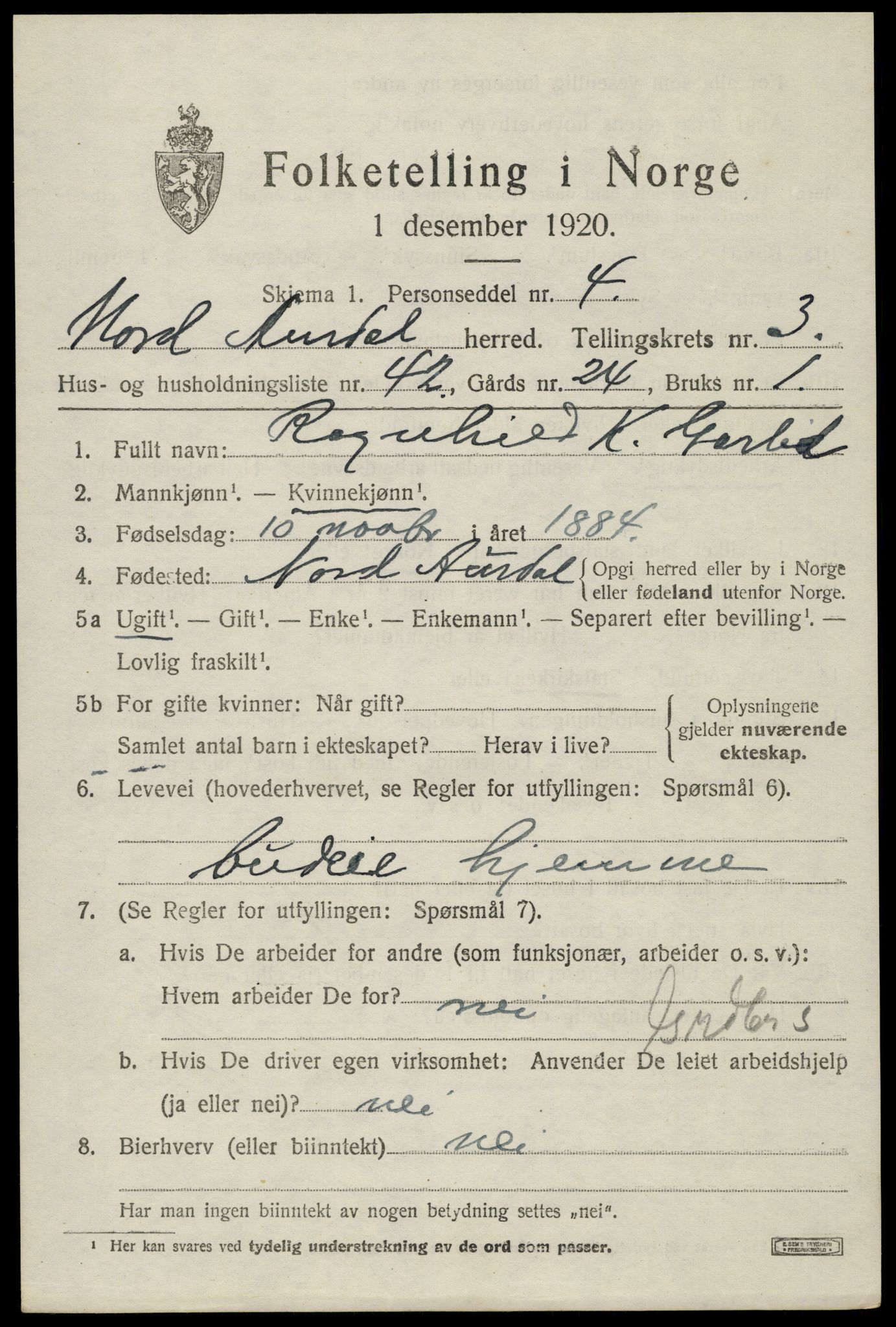 SAH, 1920 census for Nord-Aurdal, 1920, p. 3626