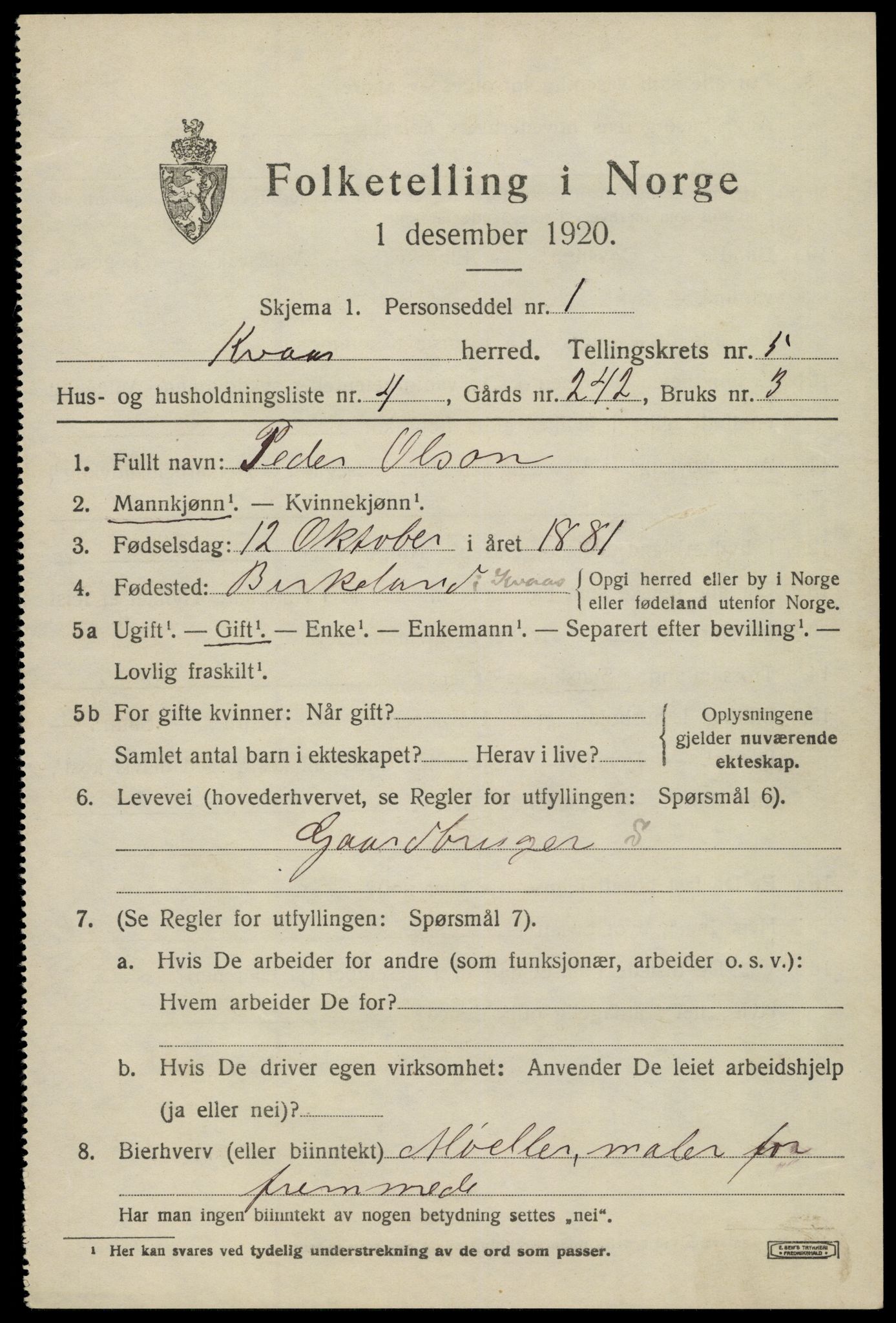 SAK, 1920 census for Kvås, 1920, p. 1312
