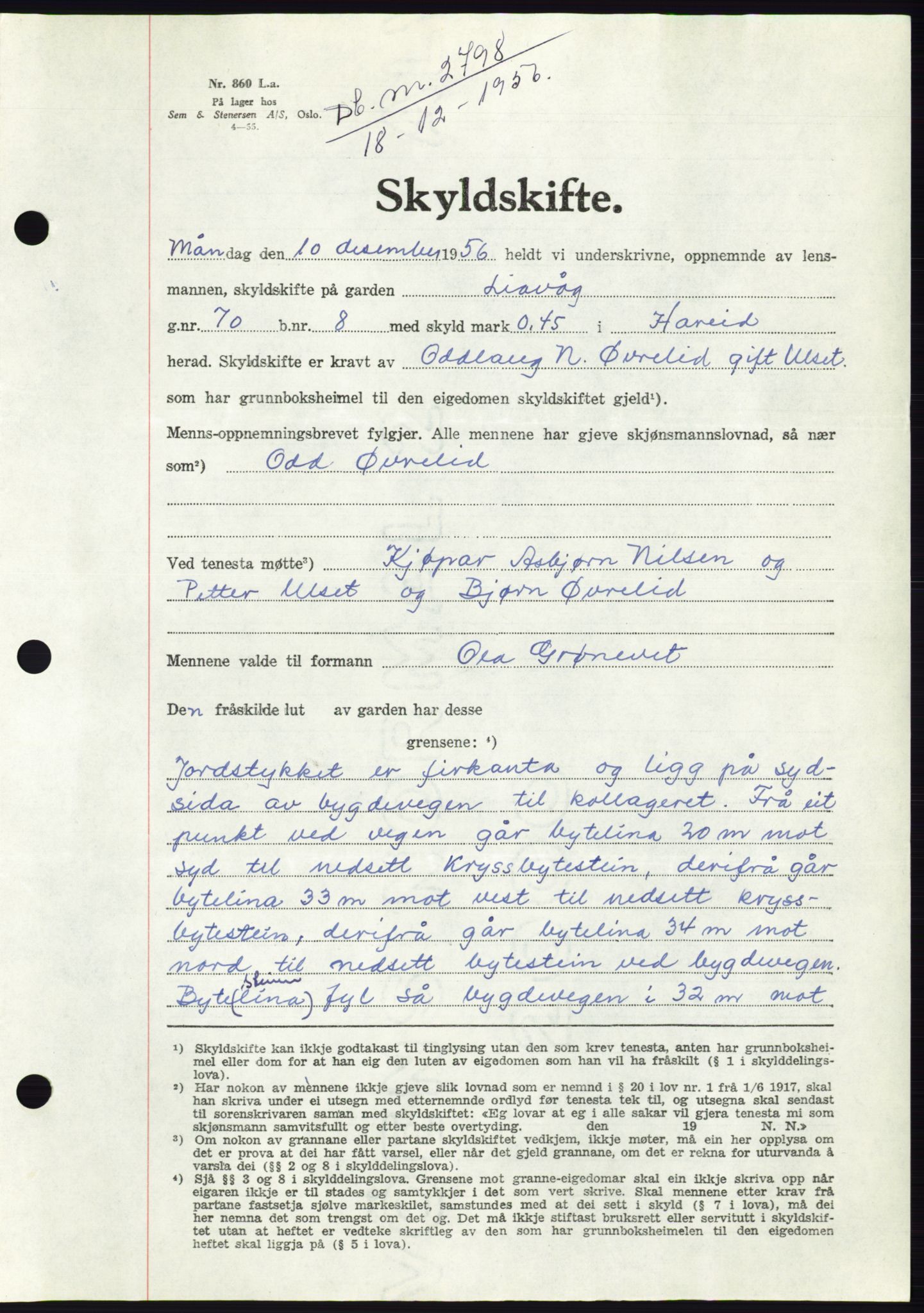 Søre Sunnmøre sorenskriveri, AV/SAT-A-4122/1/2/2C/L0105: Mortgage book no. 31A, 1956-1957, Diary no: : 2798/1956