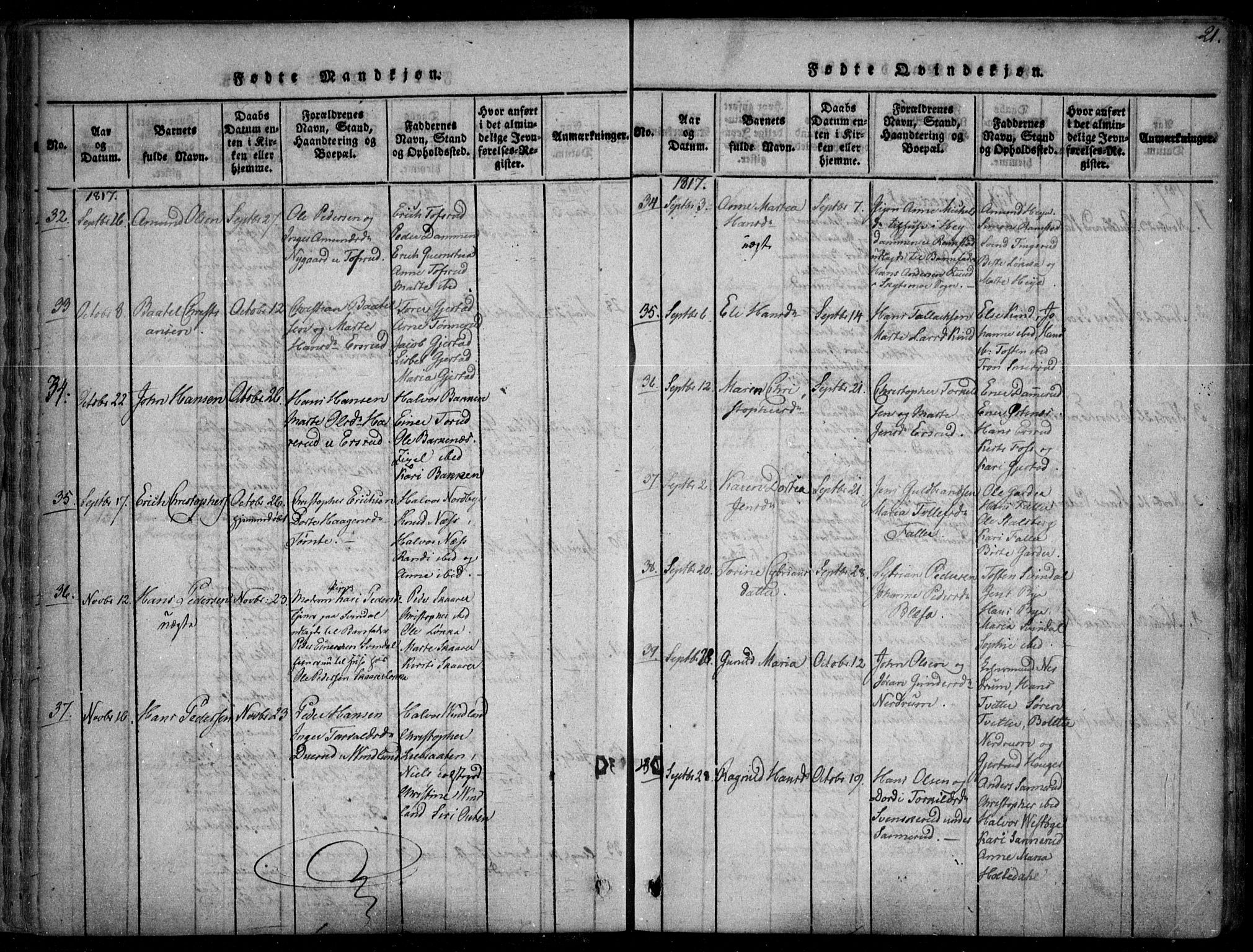 Fet prestekontor Kirkebøker, AV/SAO-A-10370a/F/Fa/L0008: Parish register (official) no. I 8, 1815-1842, p. 21