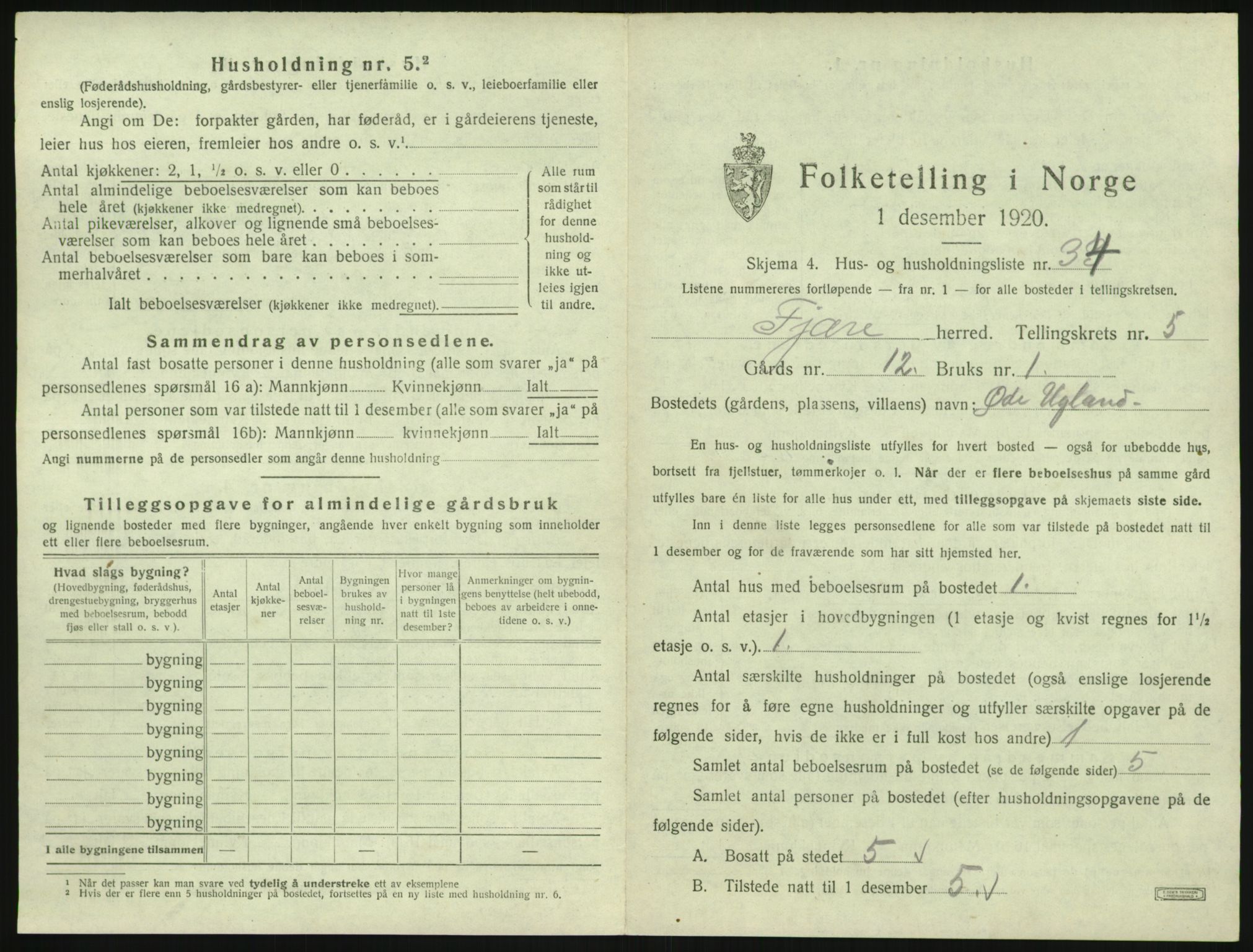 SAK, 1920 census for Fjære, 1920, p. 1079