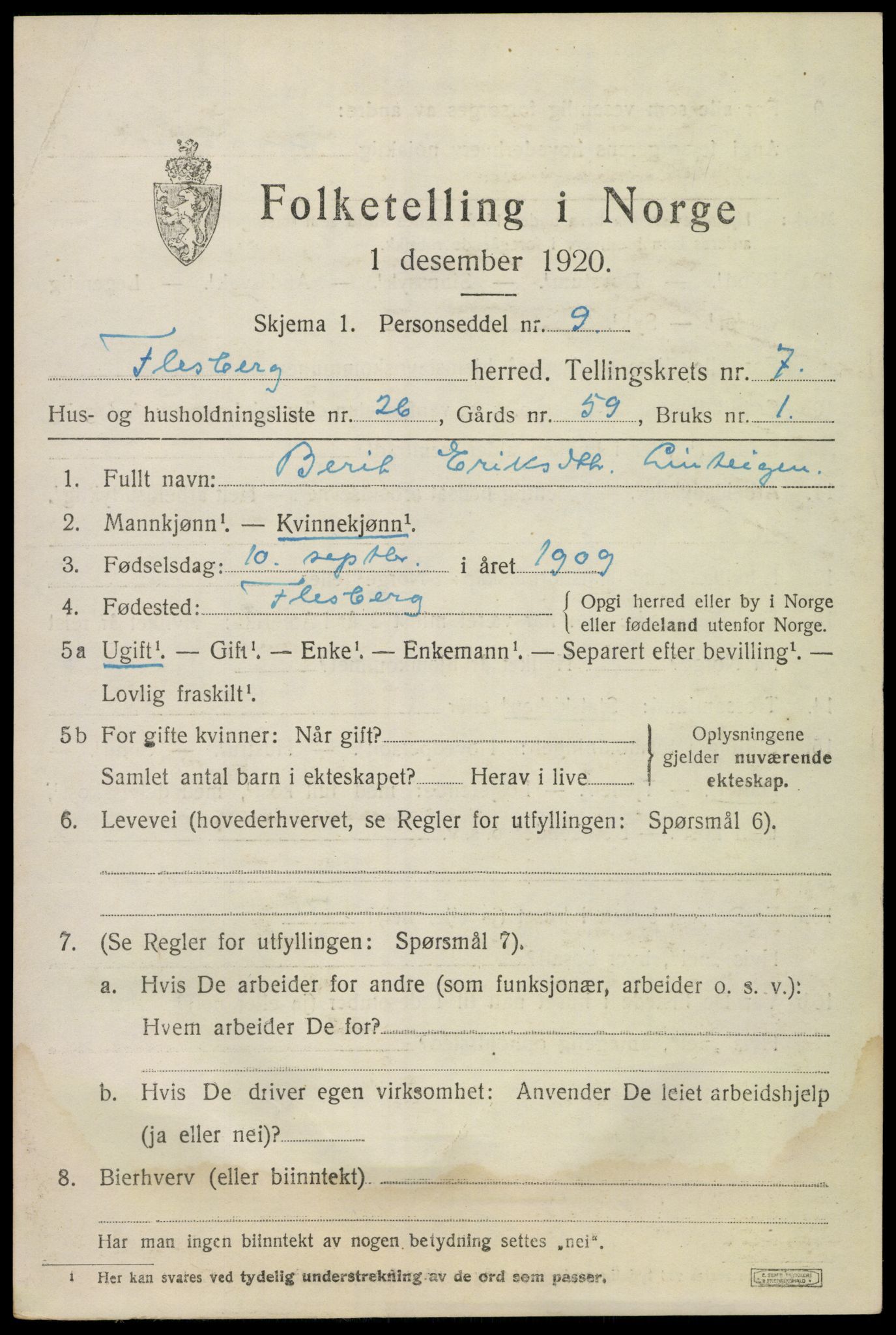 SAKO, 1920 census for Flesberg, 1920, p. 3039