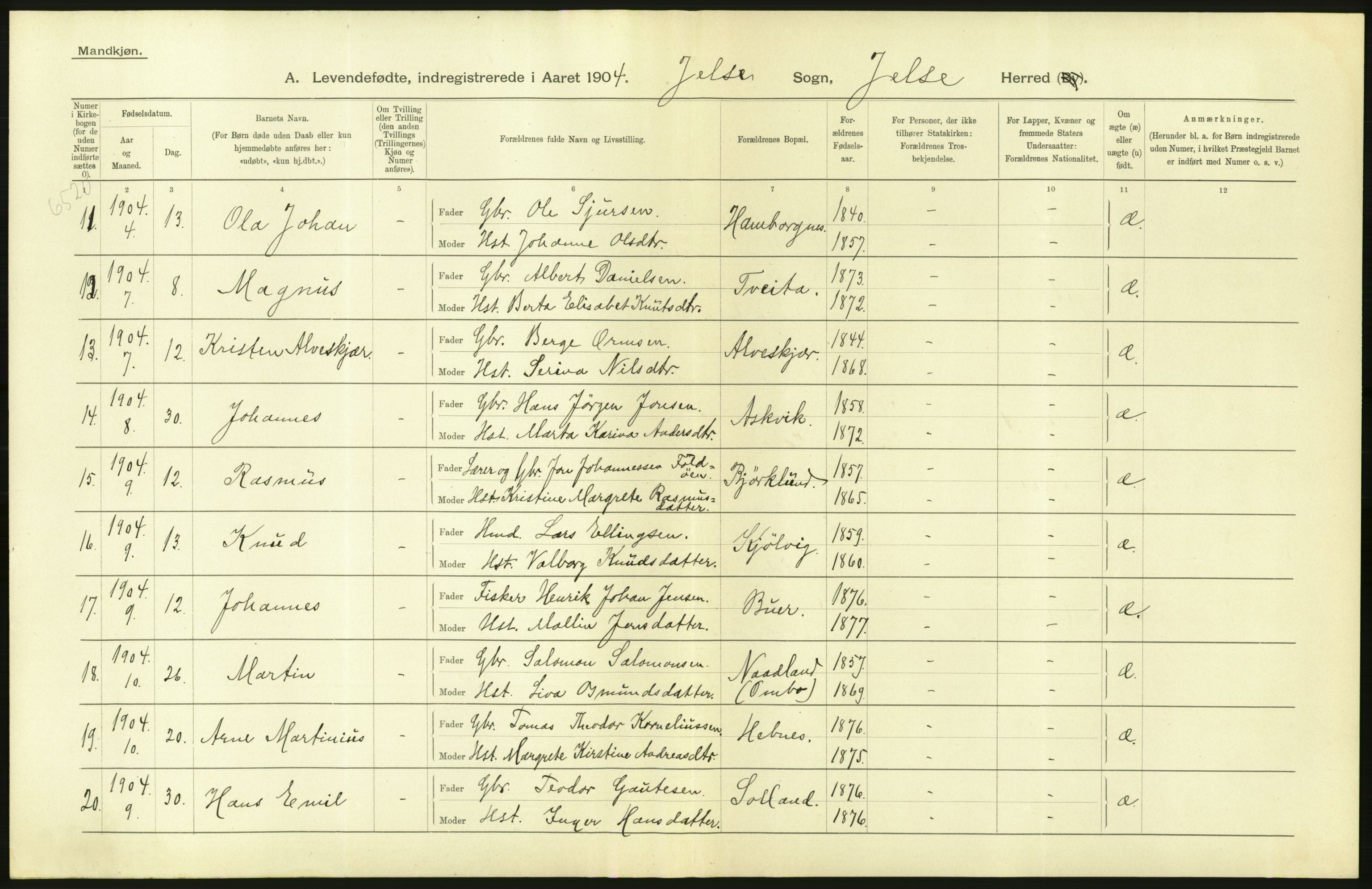 Statistisk sentralbyrå, Sosiodemografiske emner, Befolkning, AV/RA-S-2228/D/Df/Dfa/Dfab/L0012: Stavanger amt: Fødte, gifte, døde, 1904, p. 350