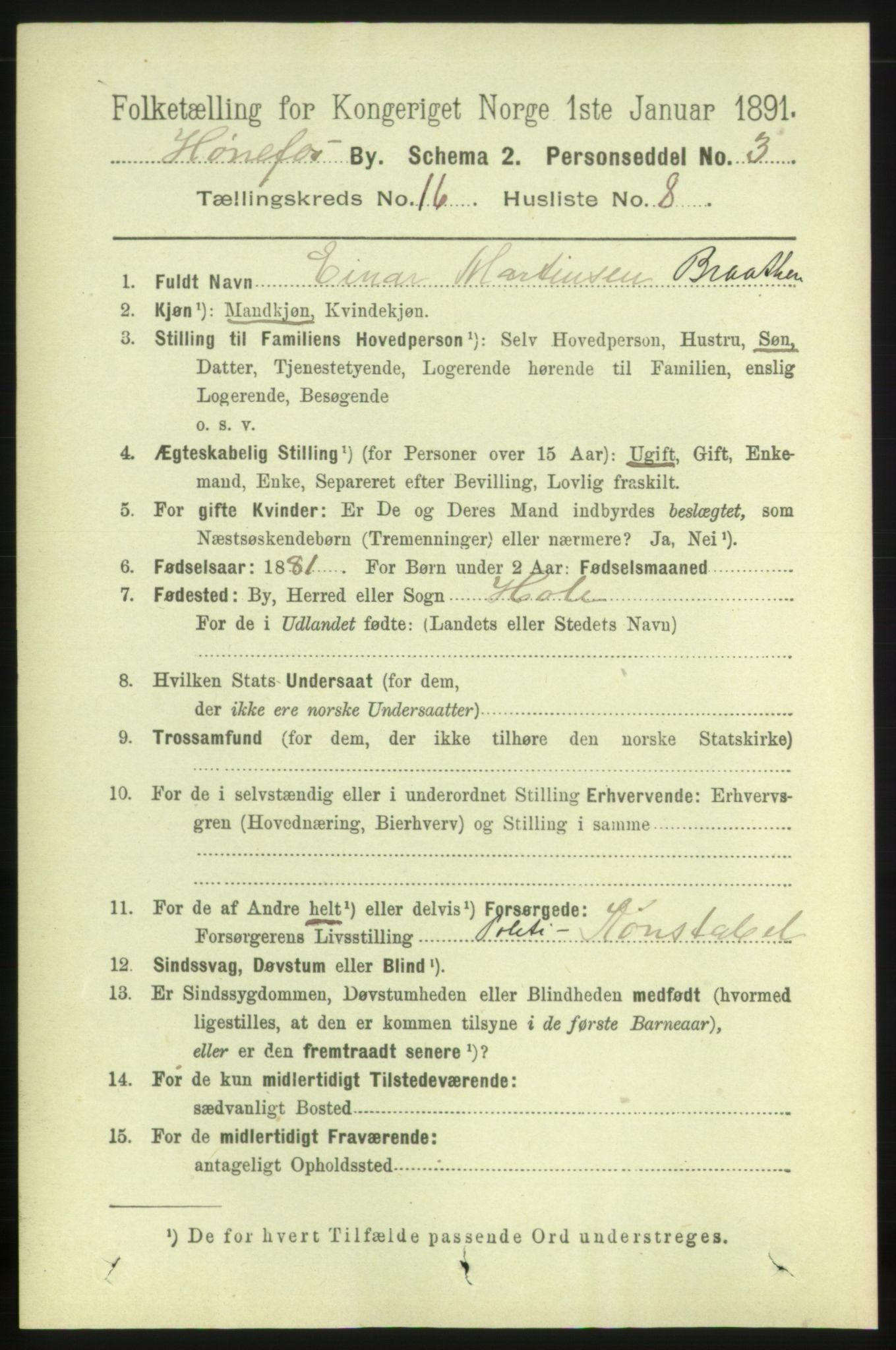 RA, 1891 census for 0601 Hønefoss, 1891, p. 1852