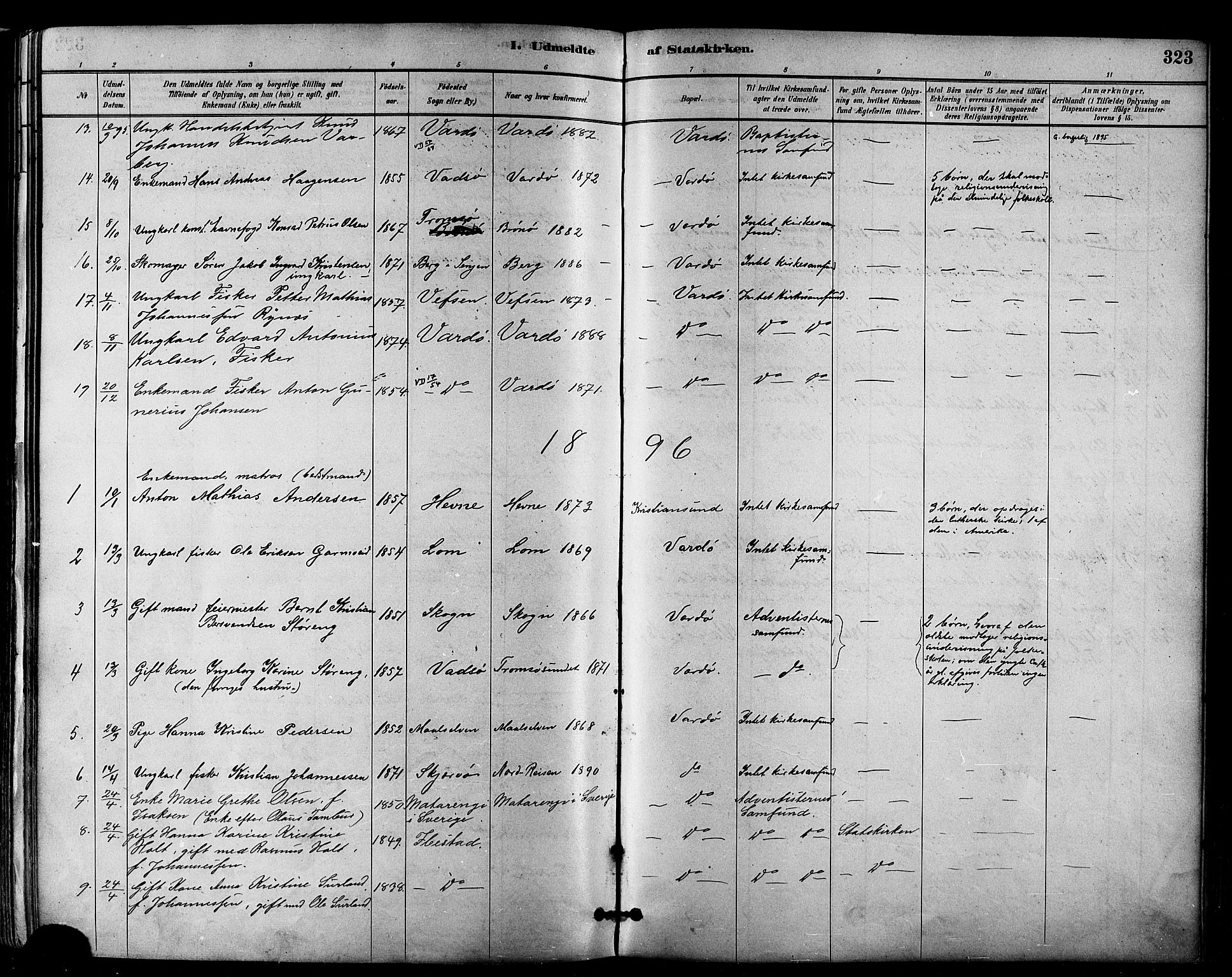 Vardø sokneprestkontor, SATØ/S-1332/H/Ha/L0007kirke: Parish register (official) no. 7, 1886-1897, p. 323
