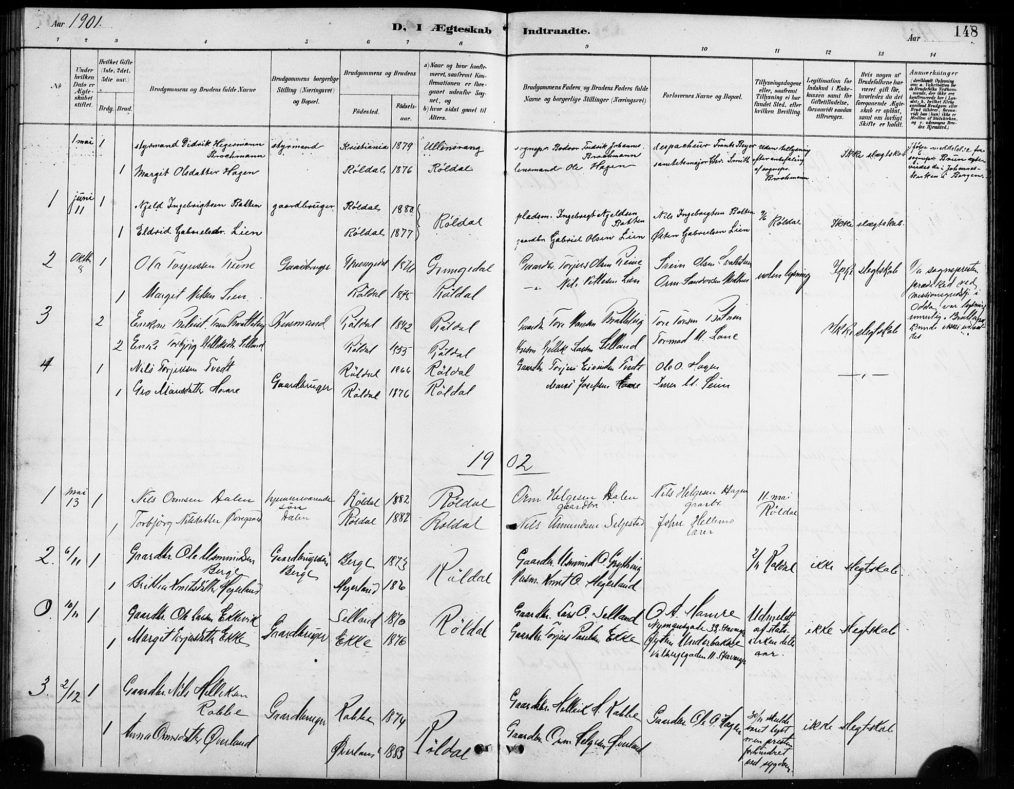 Røldal sokneprestembete, SAB/A-100247: Parish register (copy) no. A 3, 1887-1917, p. 148