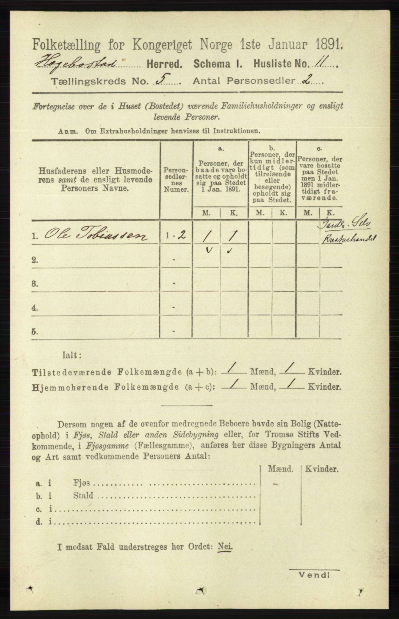 RA, 1891 census for 1034 Hægebostad, 1891, p. 1441