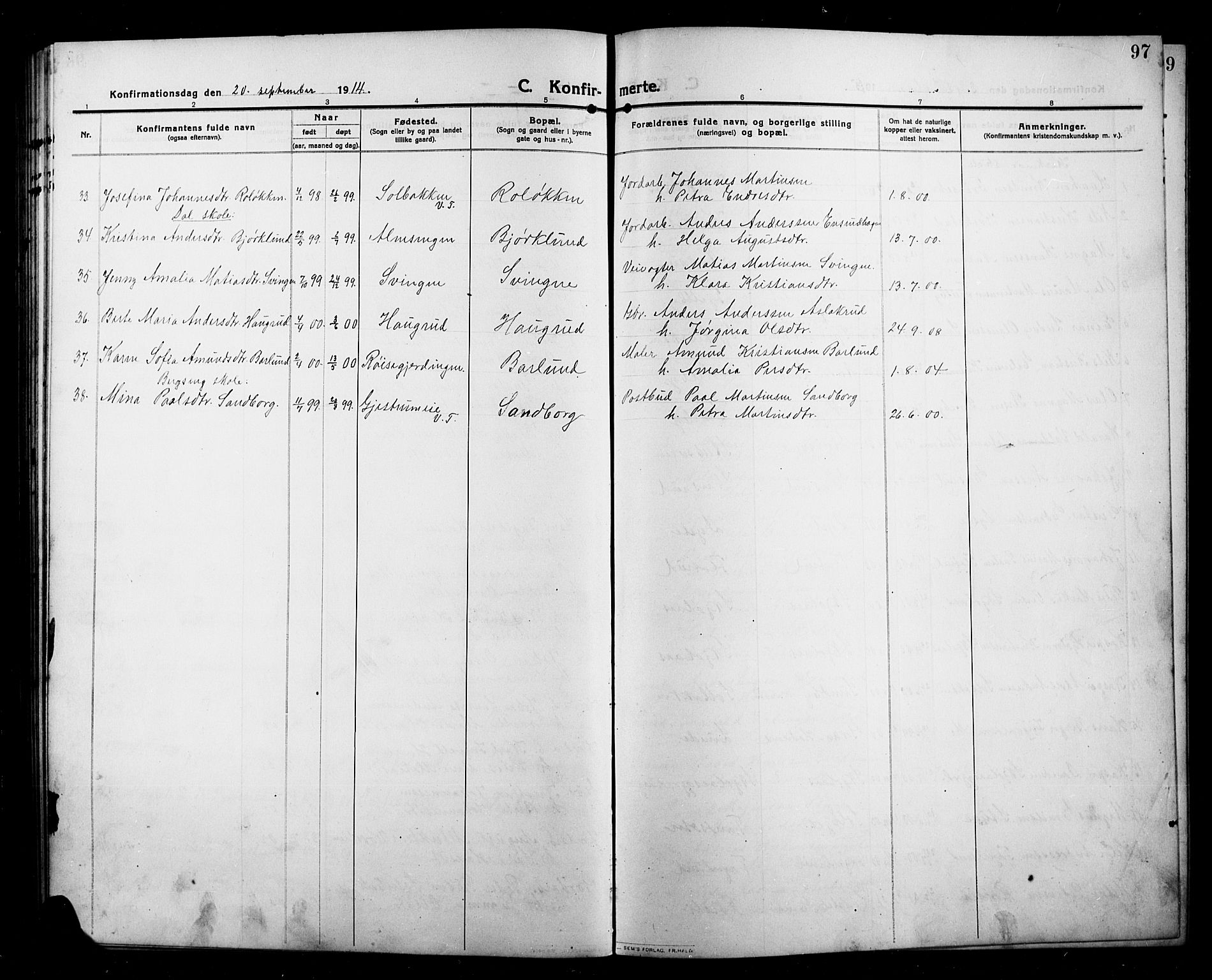 Kolbu prestekontor, SAH/PREST-110/H/Ha/Hab/L0001: Parish register (copy) no. 1, 1912-1925, p. 97