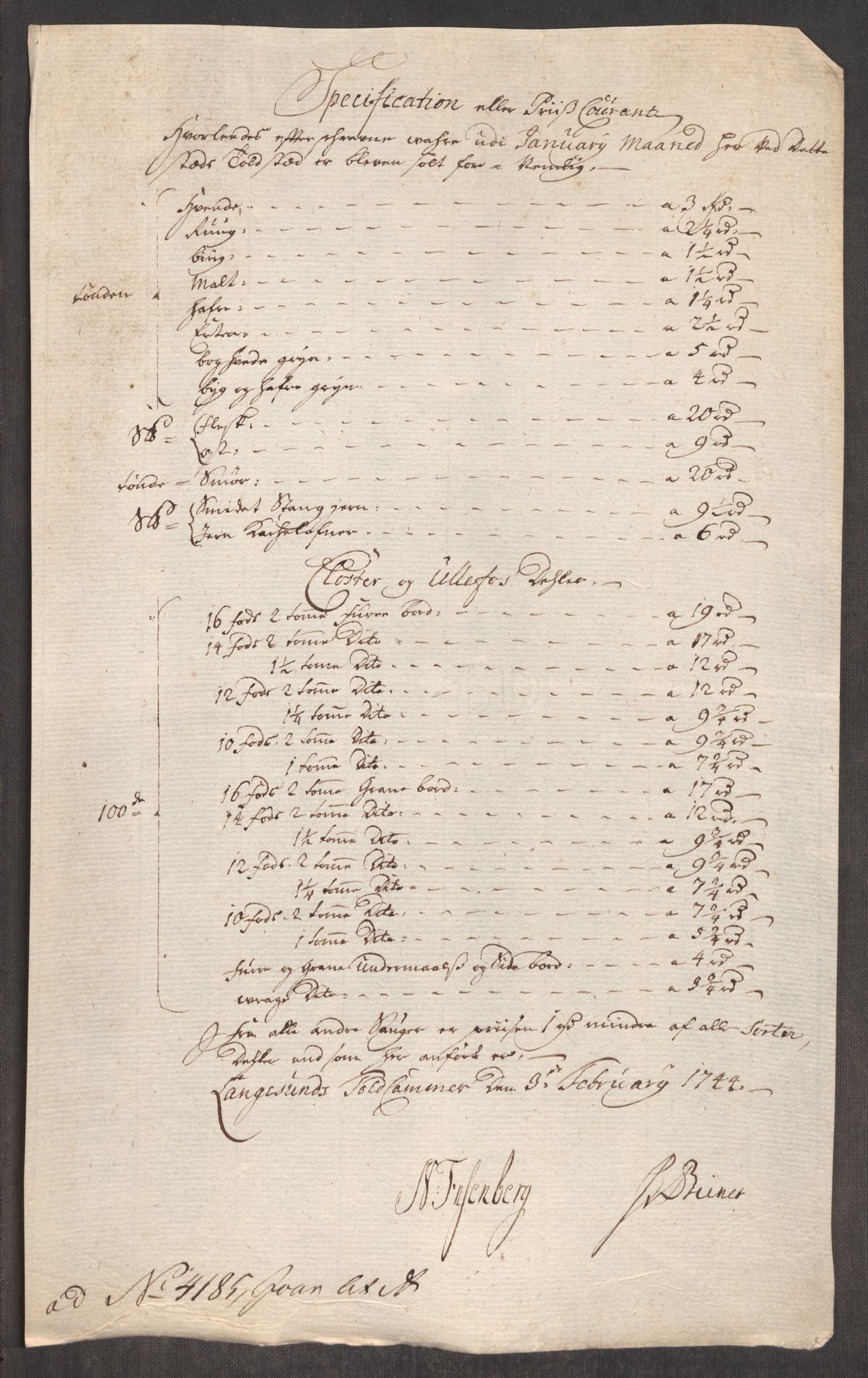 Rentekammeret inntil 1814, Realistisk ordnet avdeling, RA/EA-4070/Oe/L0002: [Ø1]: Priskuranter, 1740-1744, p. 932