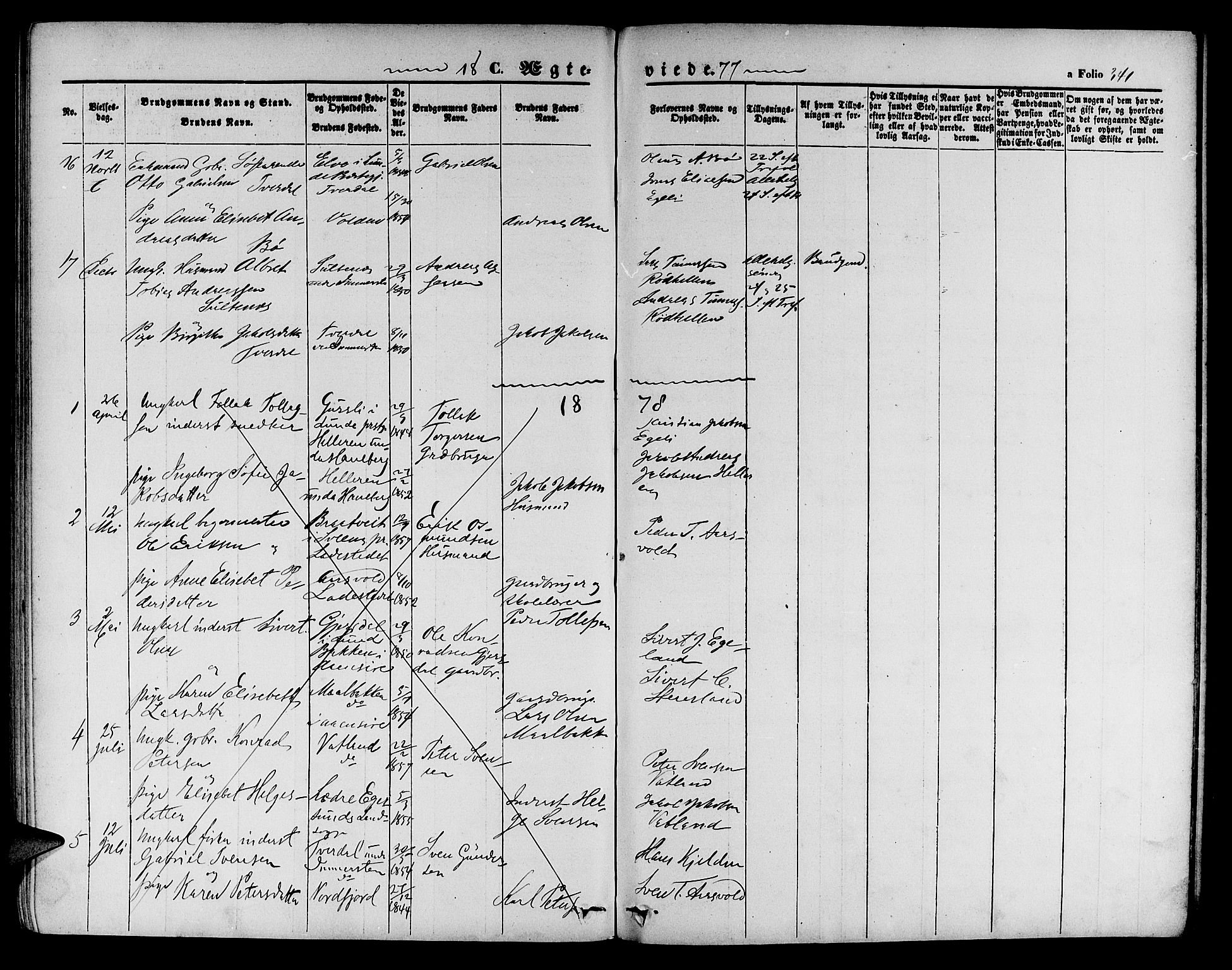 Sokndal sokneprestkontor, AV/SAST-A-101808: Parish register (copy) no. B 3, 1865-1879, p. 341