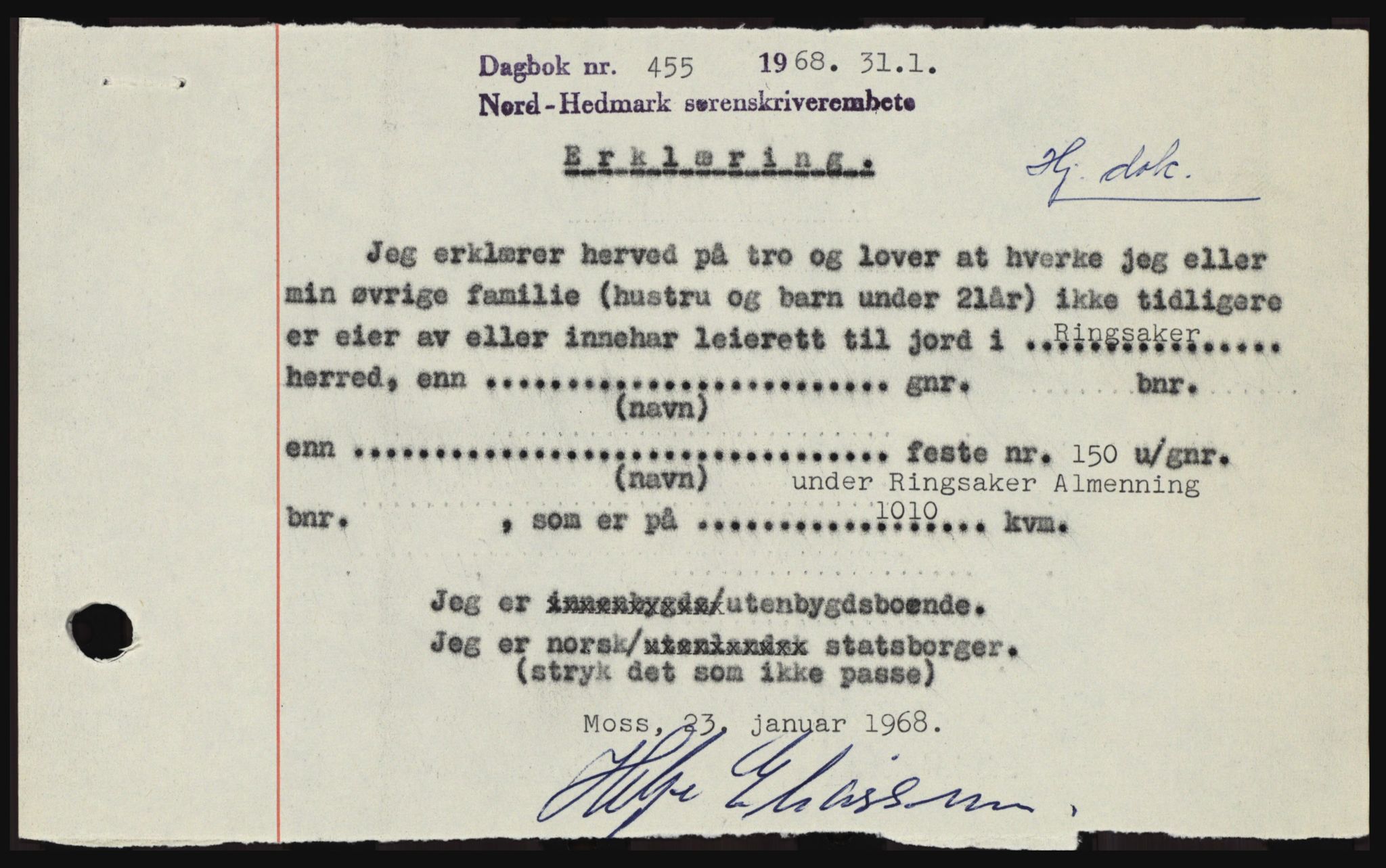 Nord-Hedmark sorenskriveri, SAH/TING-012/H/Hc/L0027: Mortgage book no. 27, 1967-1968, Diary no: : 455/1968