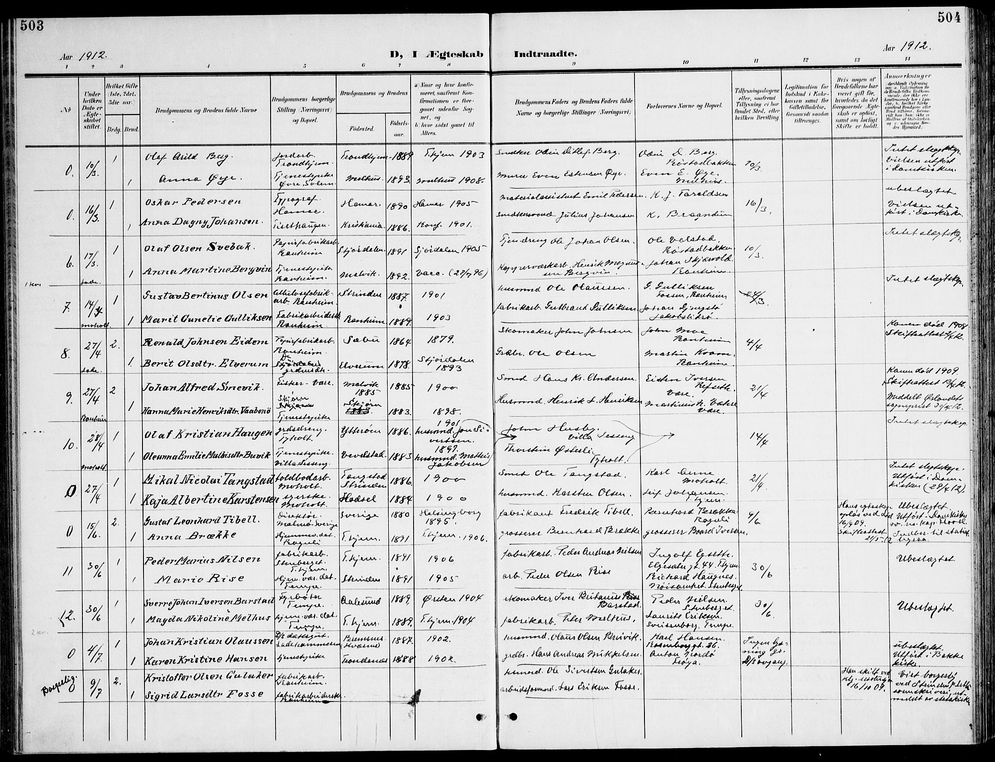 Ministerialprotokoller, klokkerbøker og fødselsregistre - Sør-Trøndelag, SAT/A-1456/607/L0320: Parish register (official) no. 607A04, 1907-1915, p. 503-504
