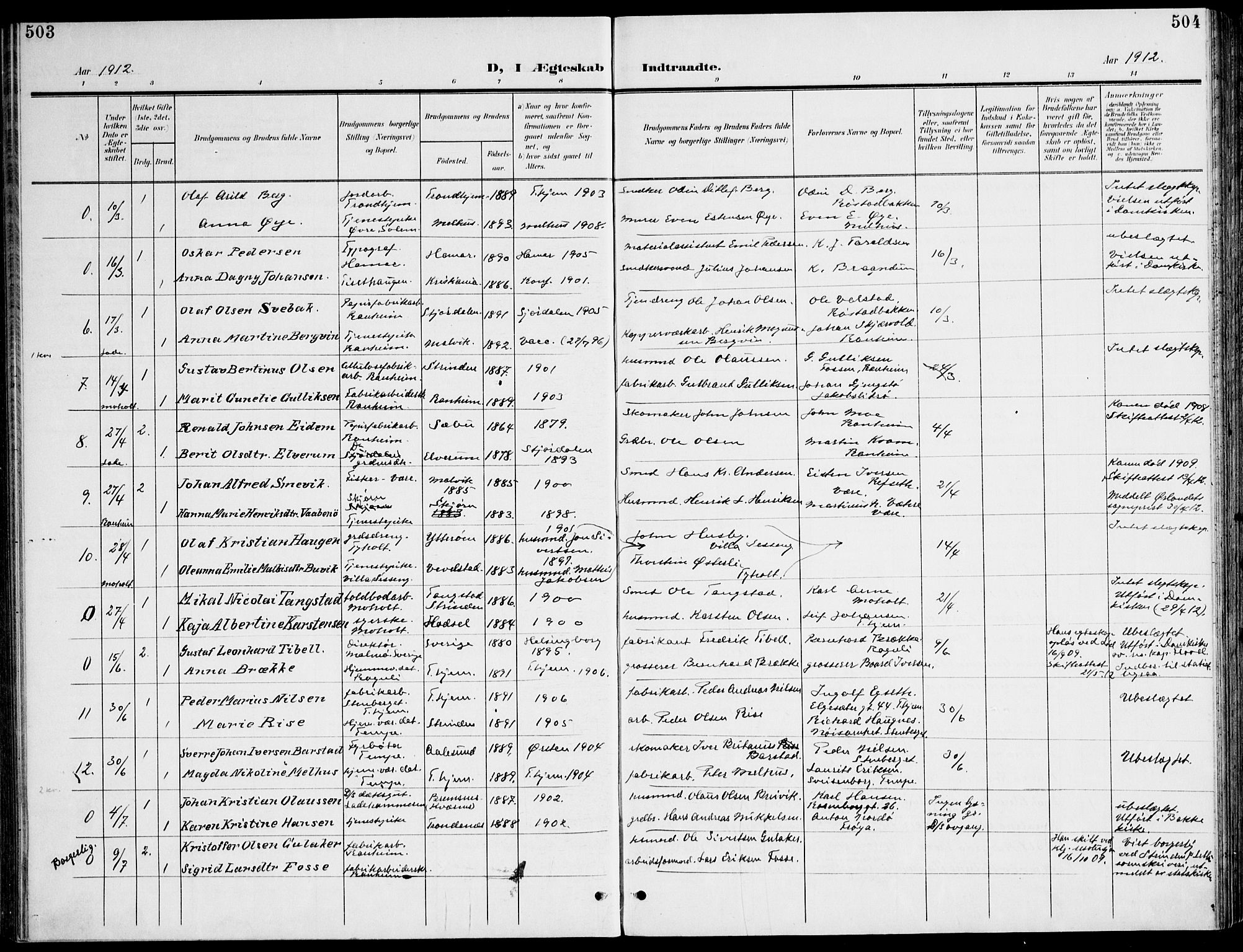 Ministerialprotokoller, klokkerbøker og fødselsregistre - Sør-Trøndelag, AV/SAT-A-1456/607/L0320: Parish register (official) no. 607A04, 1907-1915, p. 503-504