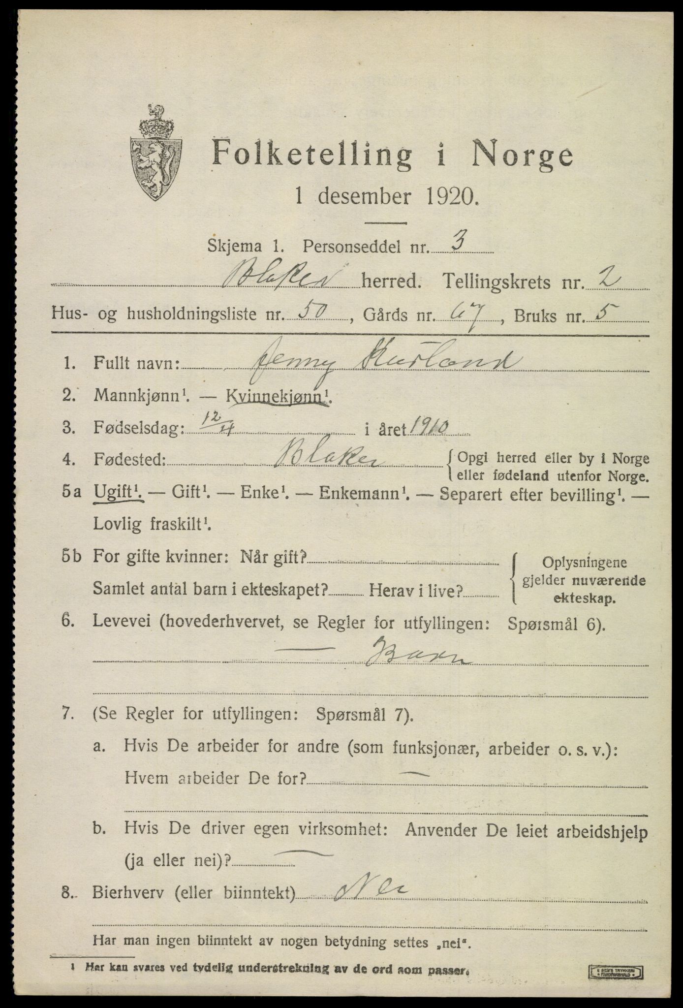 SAO, 1920 census for Blaker, 1920, p. 2007