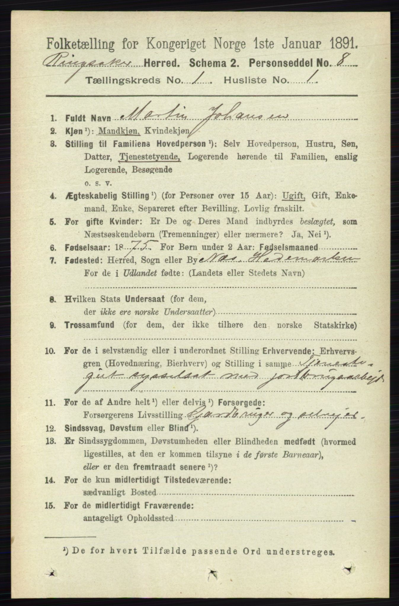 RA, 1891 census for 0412 Ringsaker, 1891, p. 180