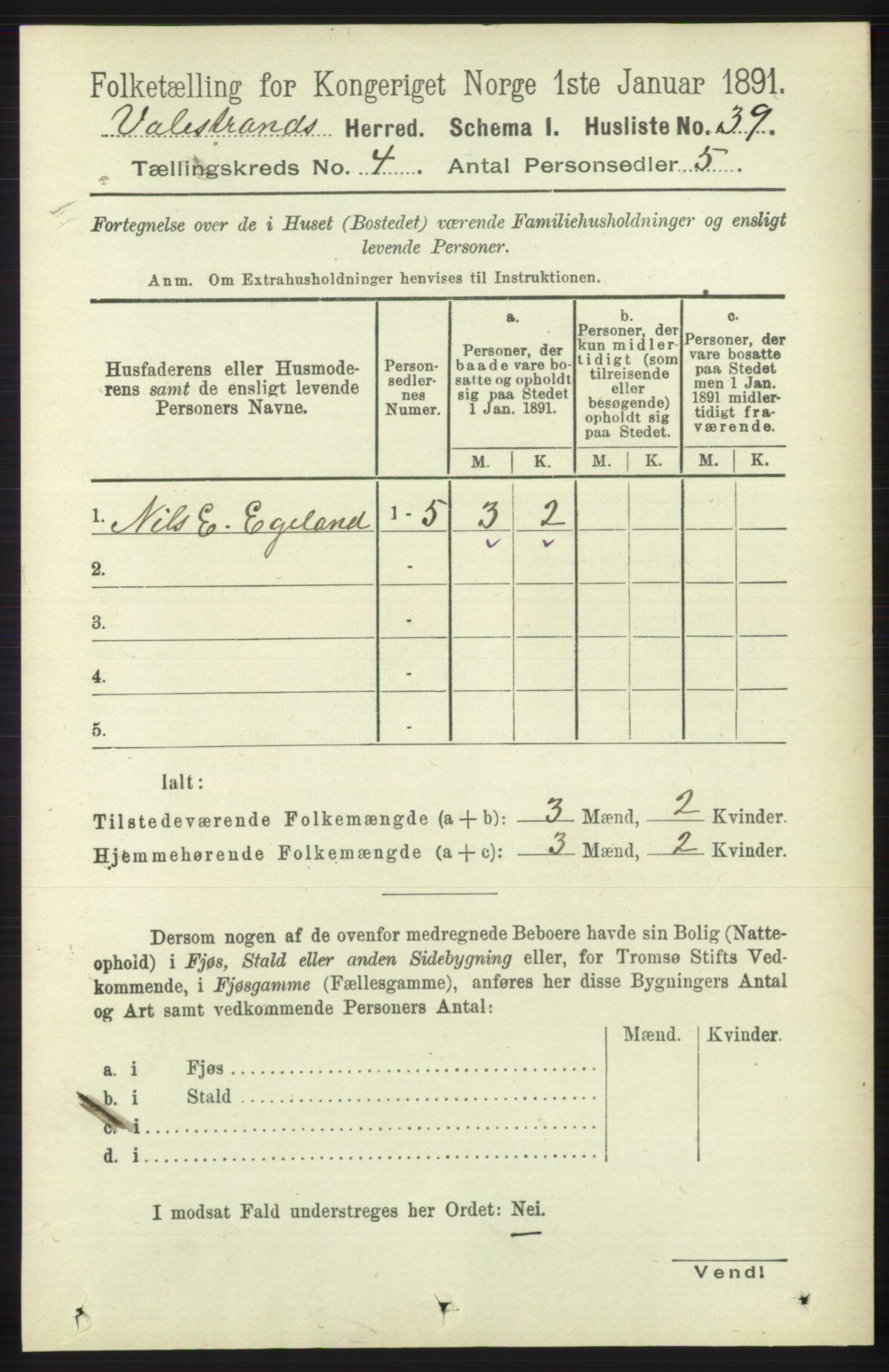 RA, 1891 census for 1217 Valestrand, 1891, p. 869