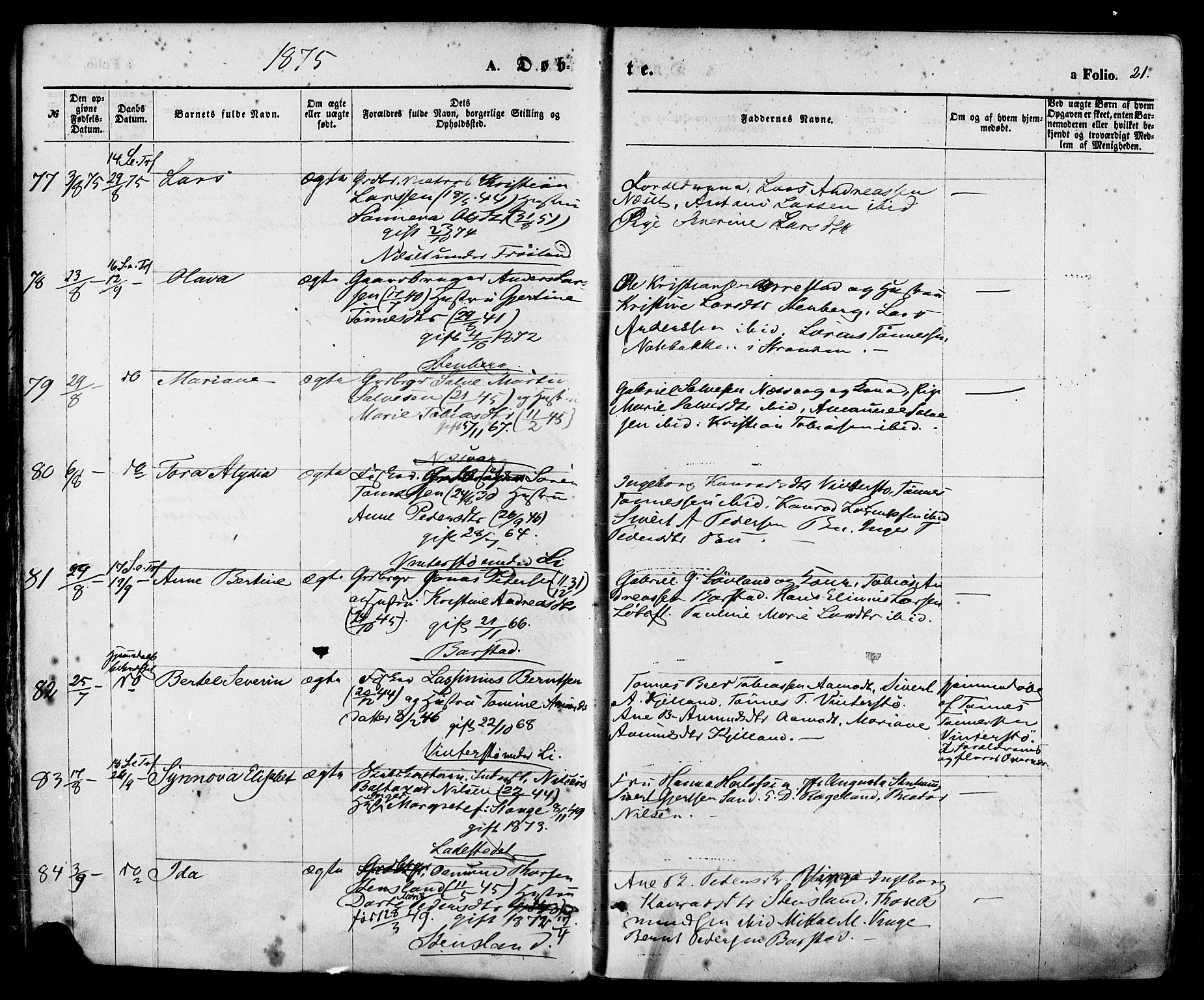 Sokndal sokneprestkontor, AV/SAST-A-101808: Parish register (official) no. A 10, 1874-1886, p. 21