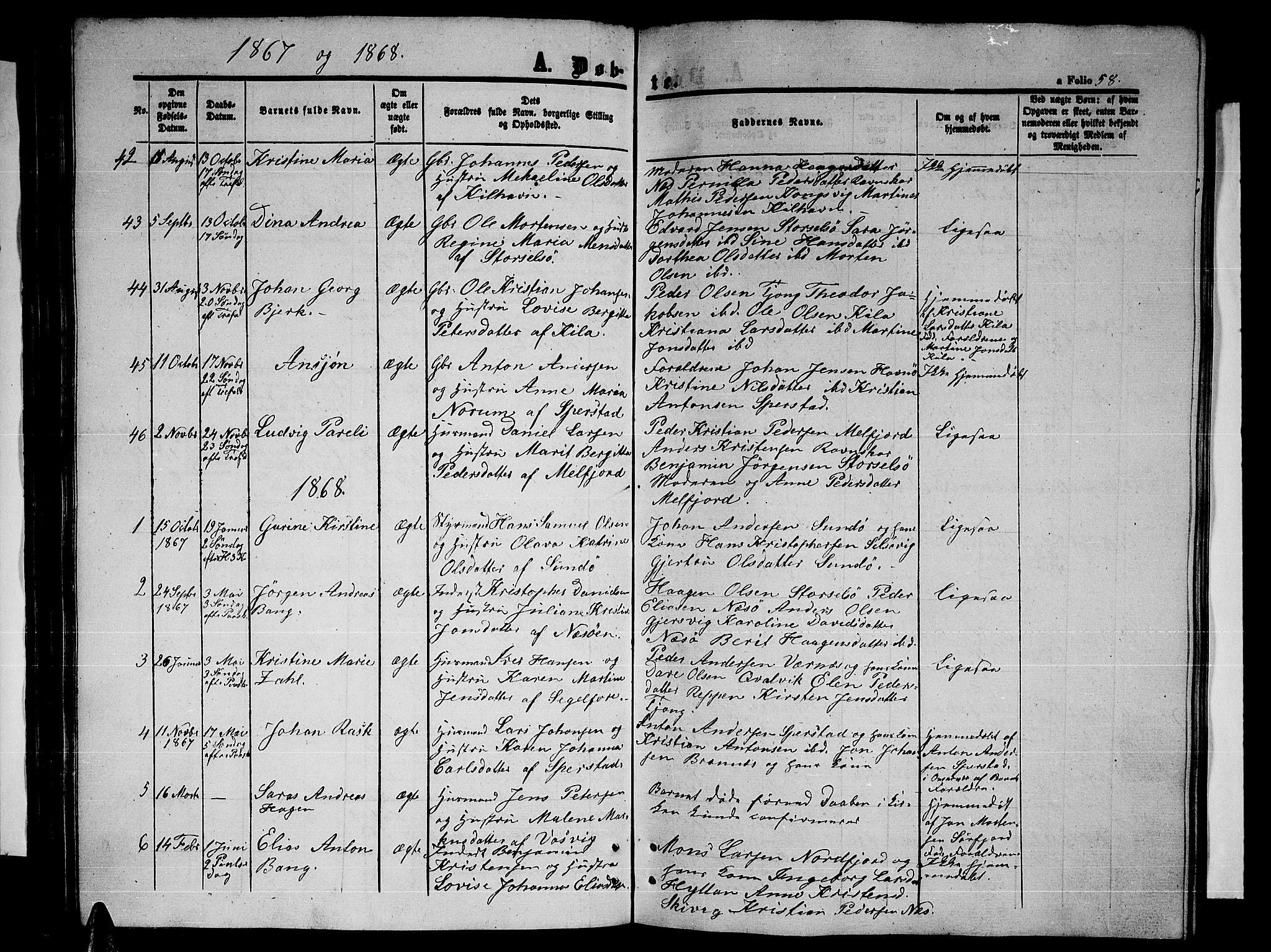 Ministerialprotokoller, klokkerbøker og fødselsregistre - Nordland, SAT/A-1459/841/L0619: Parish register (copy) no. 841C03, 1856-1876, p. 58