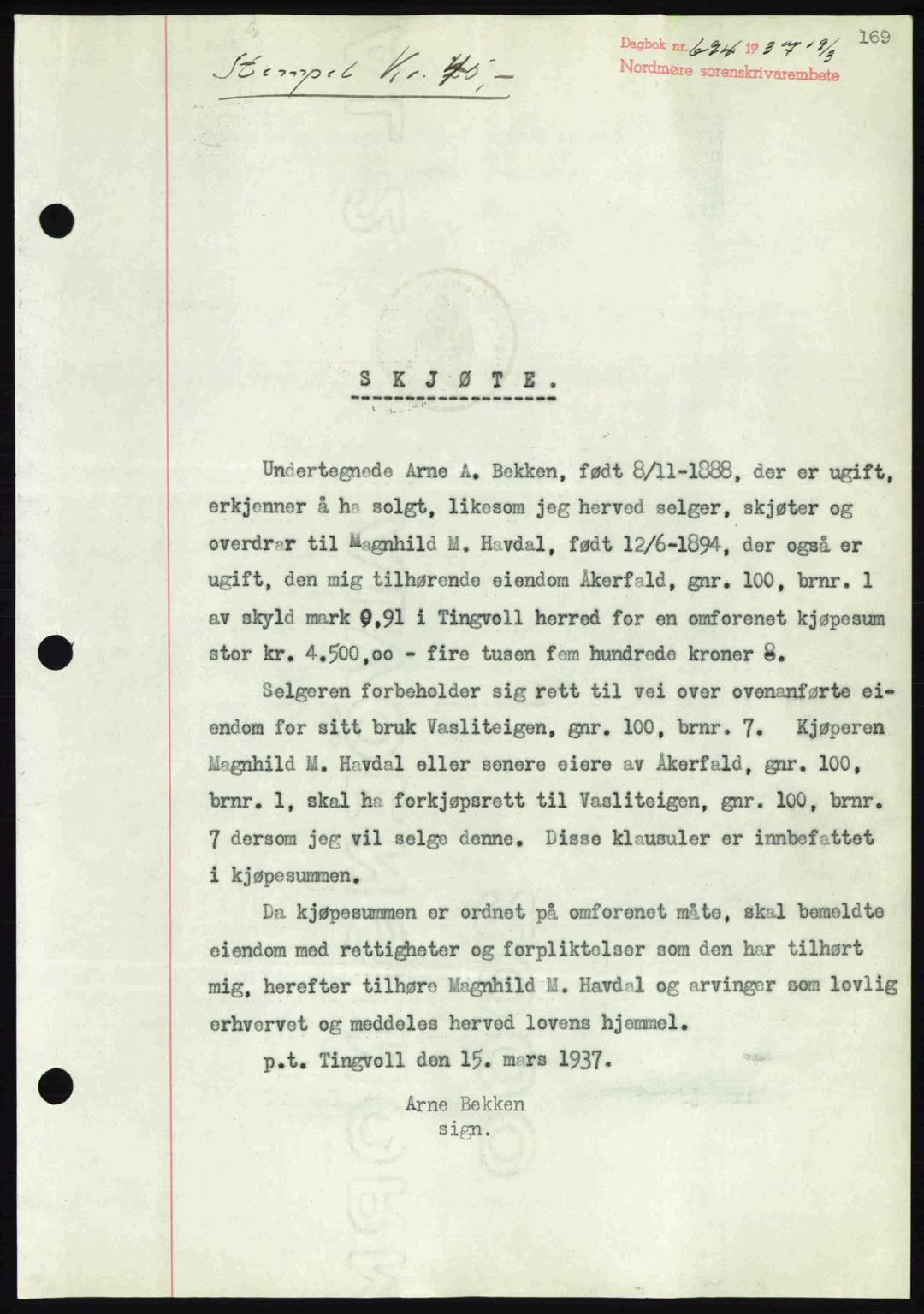 Nordmøre sorenskriveri, AV/SAT-A-4132/1/2/2Ca: Mortgage book no. A81, 1937-1937, Diary no: : 694/1937