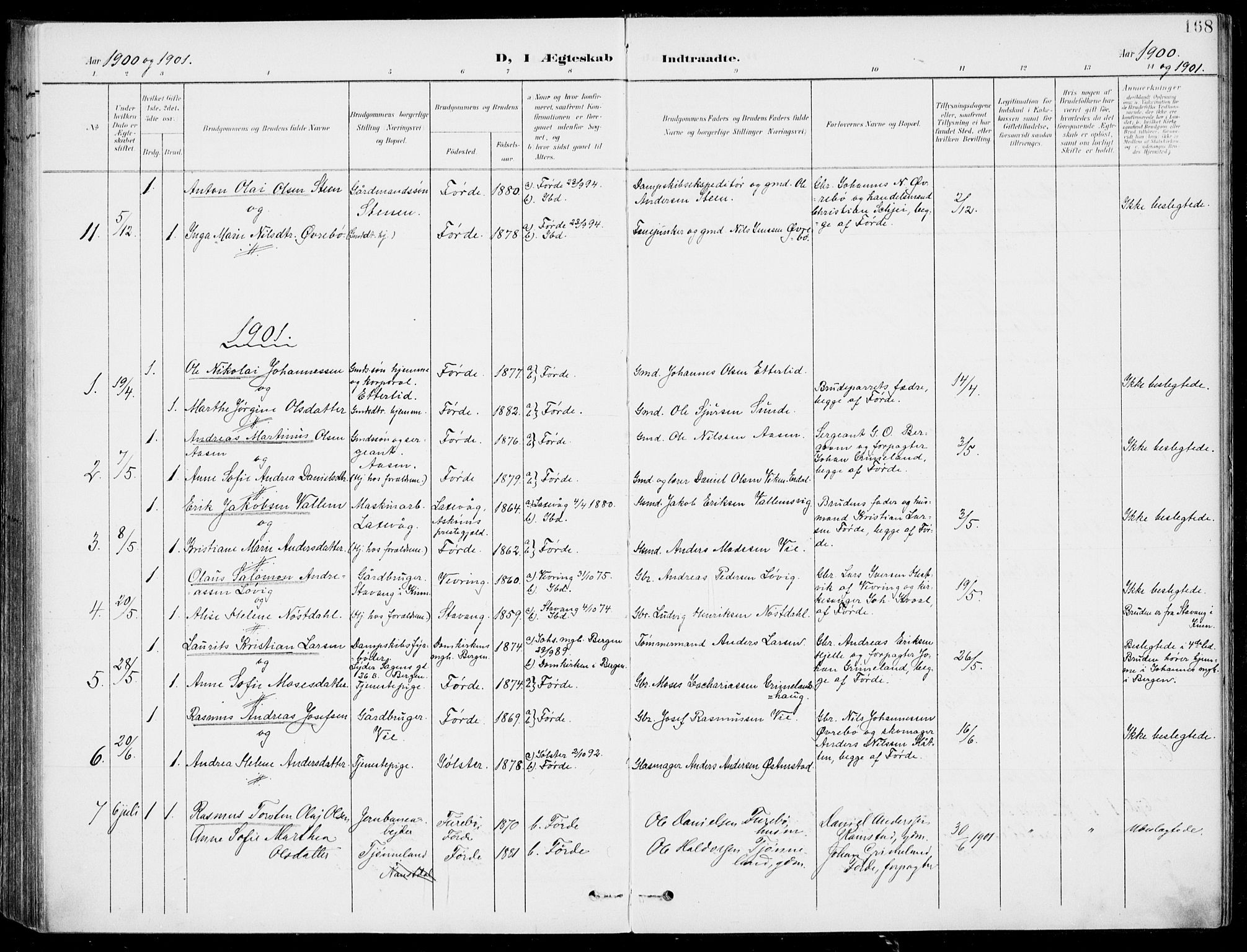 Førde sokneprestembete, SAB/A-79901/H/Haa/Haab/L0002: Parish register (official) no. B  2, 1899-1920, p. 168