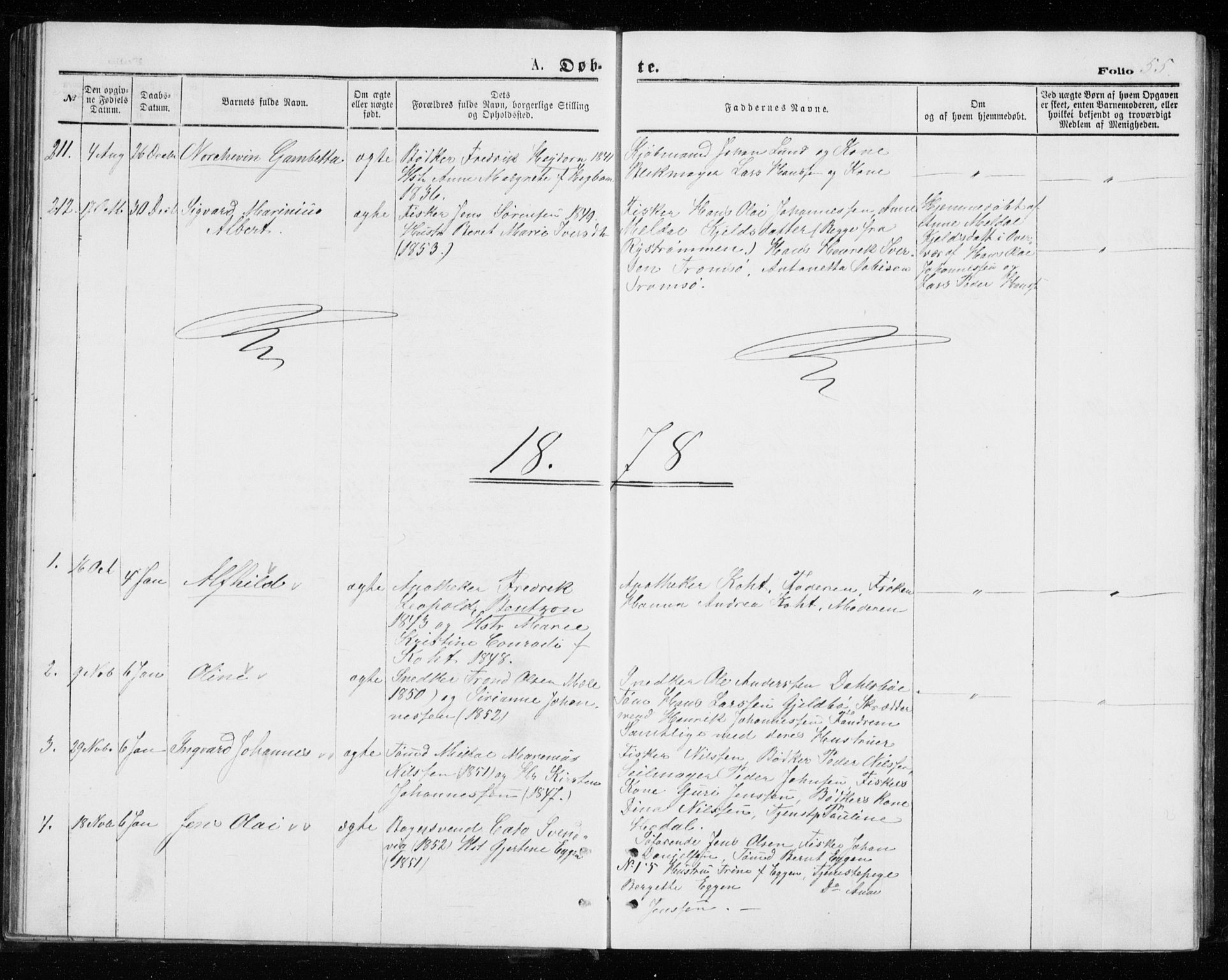 Tromsø sokneprestkontor/stiftsprosti/domprosti, AV/SATØ-S-1343/G/Gb/L0008klokker: Parish register (copy) no. 8, 1875-1879, p. 55