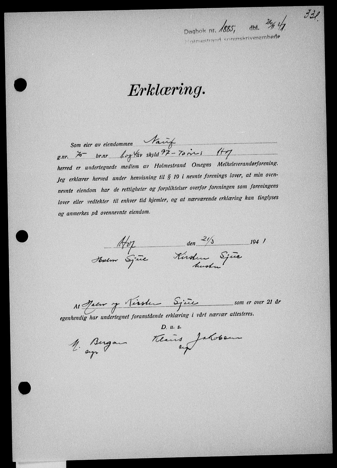 Holmestrand sorenskriveri, SAKO/A-67/G/Ga/Gaa/L0054: Mortgage book no. A-54, 1941-1942, Diary no: : 1885/1941