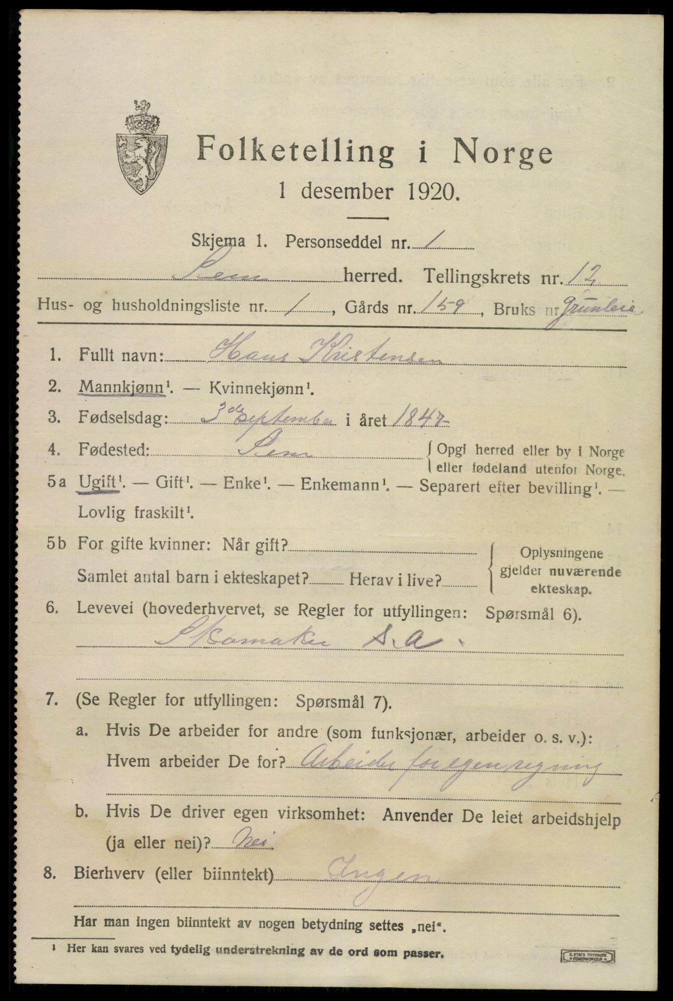 SAKO, 1920 census for Sem, 1920, p. 16305